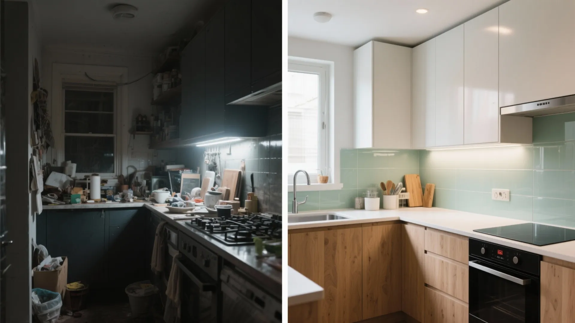 Before and after comparison of messy dark kitchen versus clean modern bright kitchen with cabinets