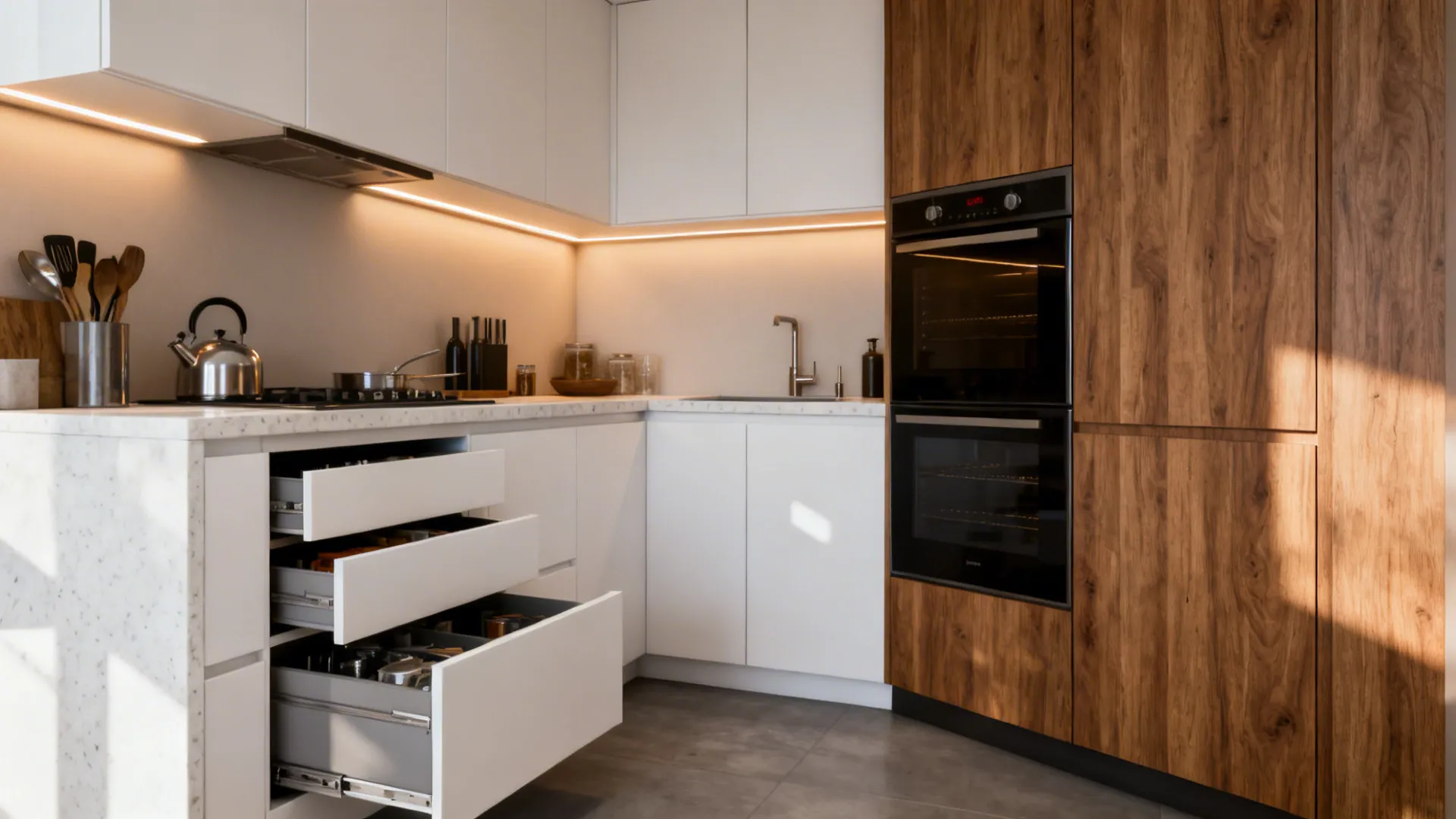 Modern kitchen with white cabinets, open drawers, marble countertop, wooden wall cabinet, and double oven