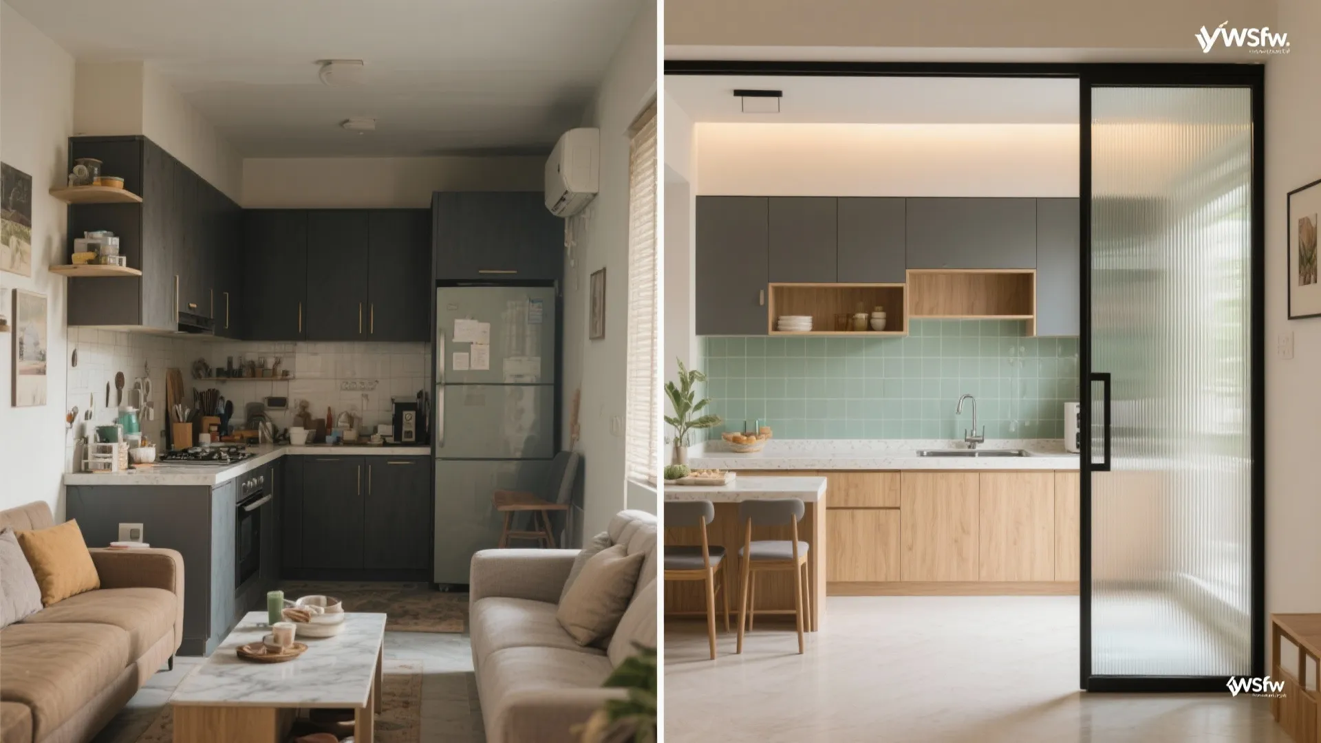 Before and after comparison of an old messy kitchen and a modern clean kitchen design