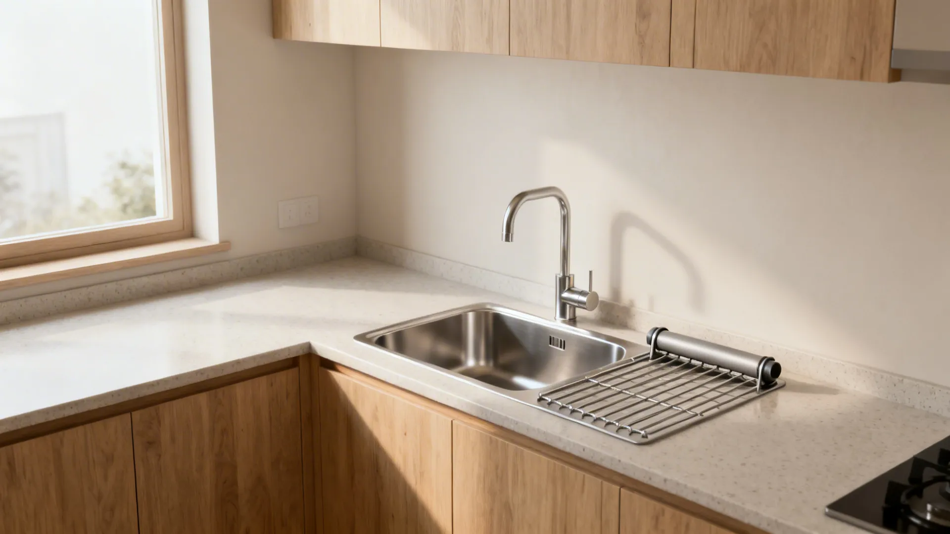 Serene compact kitchen with a brushed stainless sink, quartz counters, and light wood accents under soft daylight.