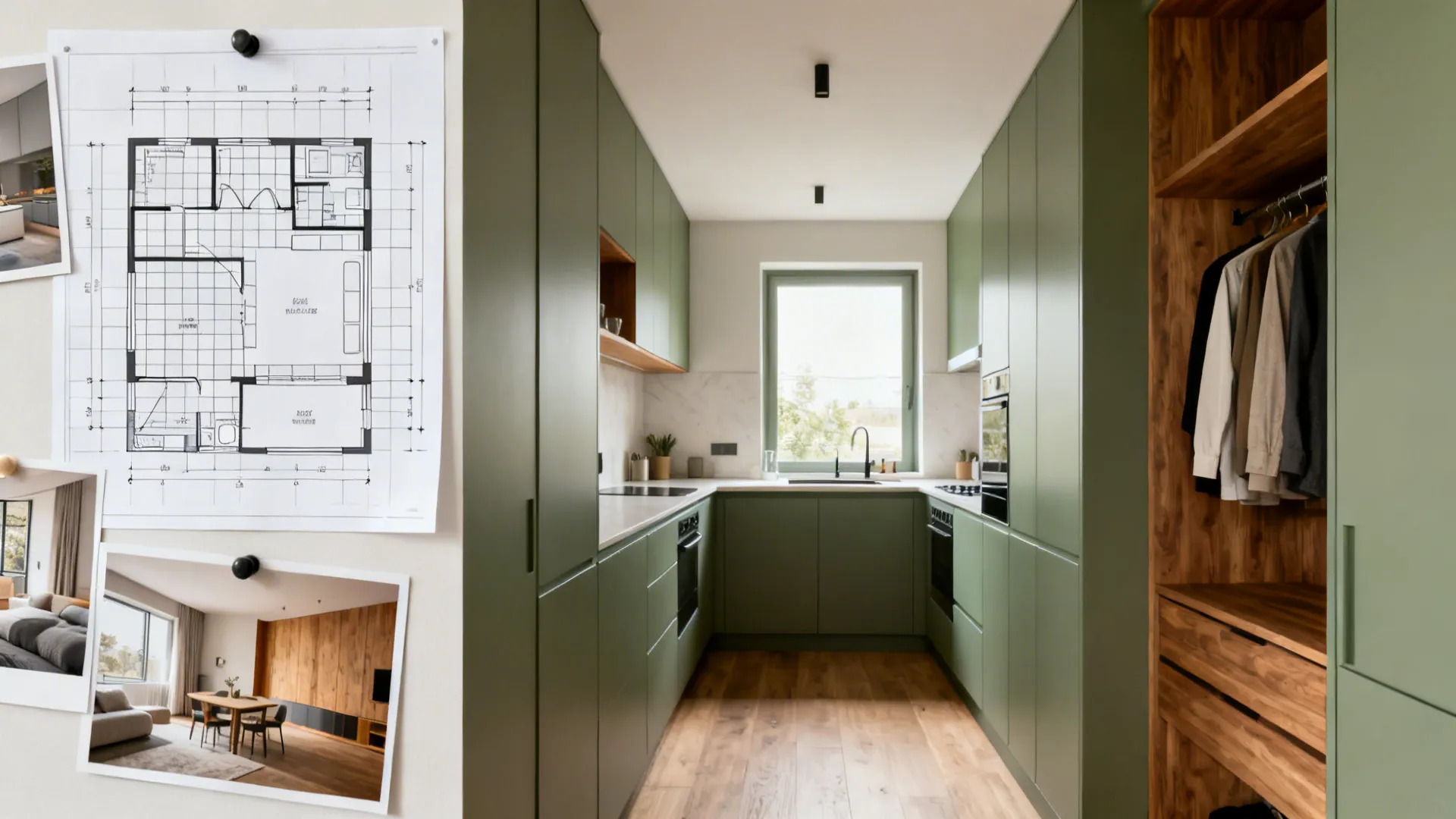 A studio’s L-shaped kitchen and wardrobe shown with a 2D plan highlighting grid, triangle, zones, and services.