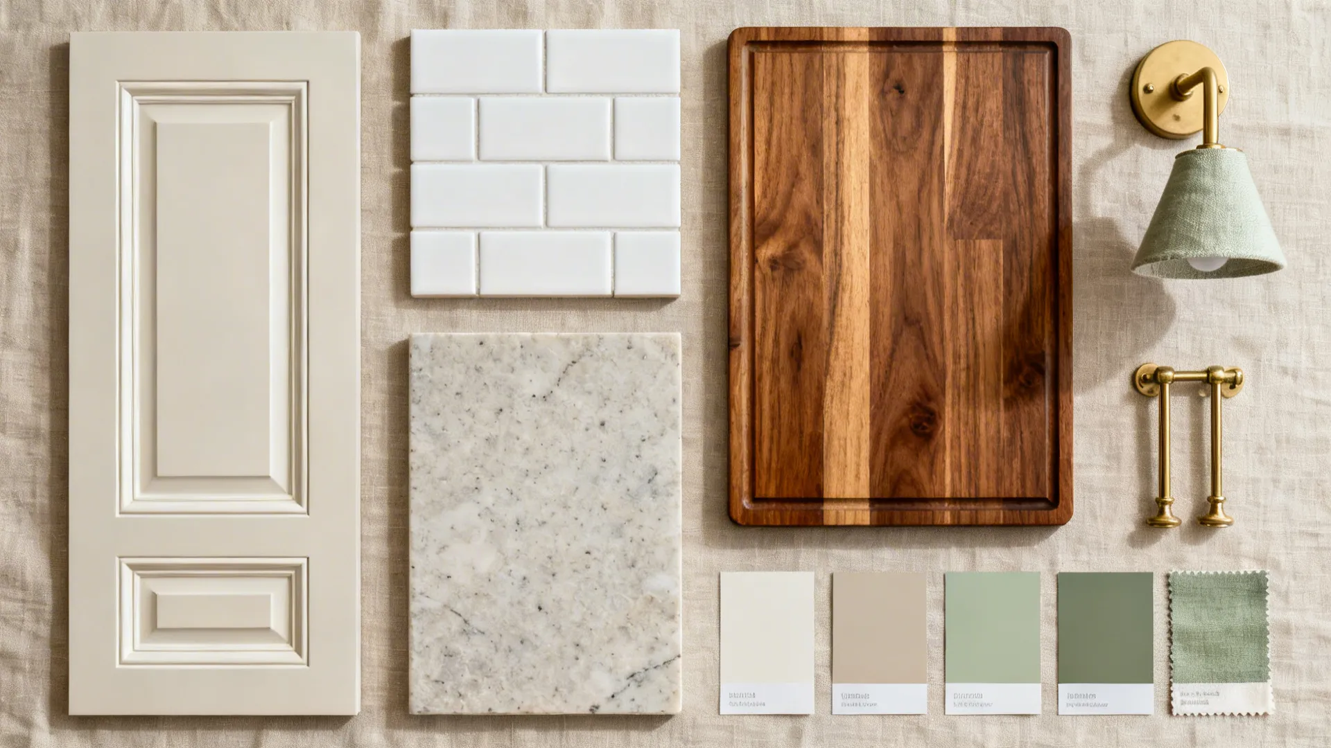 Flat lay of classic kitchen samples including shaker door, subway tile, stone, wood, and brass.