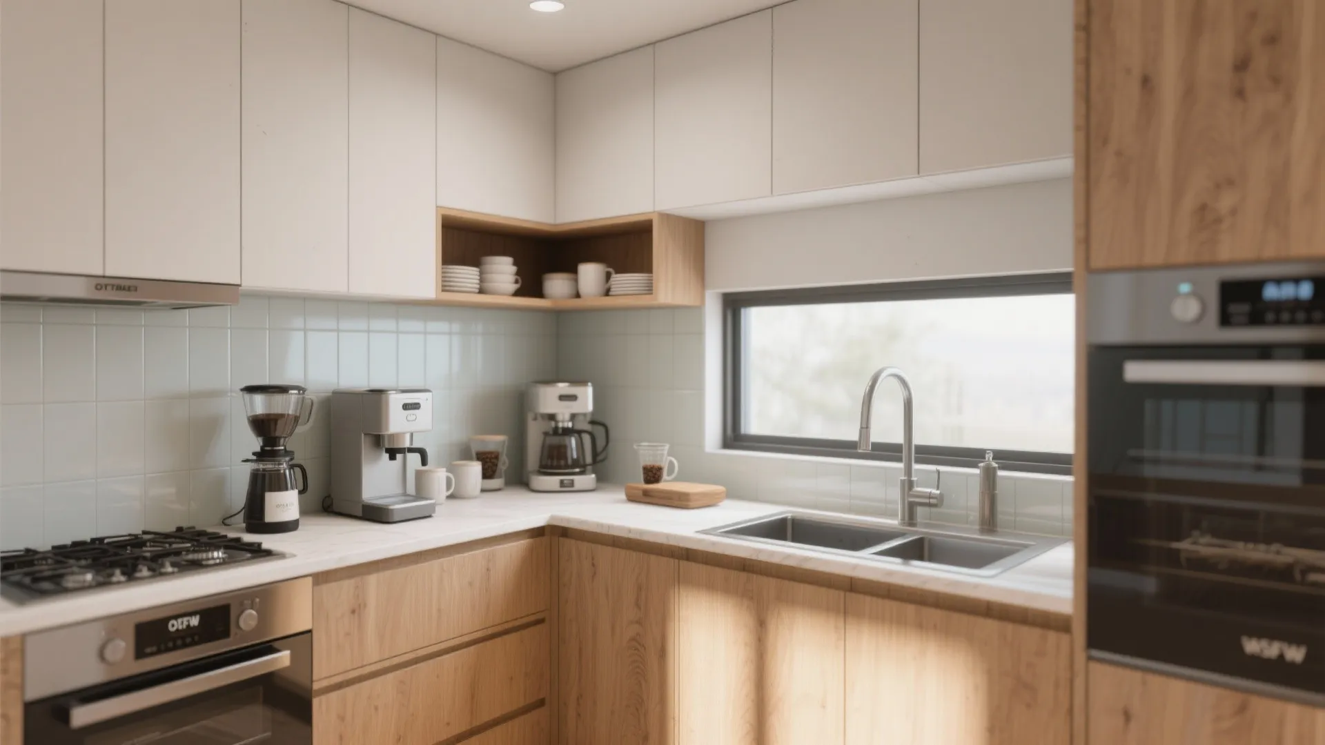 Bright kitchen interior design with wood cabinets white upper storage sink and silver coffee machine