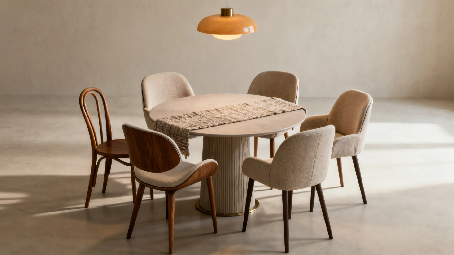 Cohesive small dining scene with six coordinated chairs in neutral mid-tones around a compact round table.