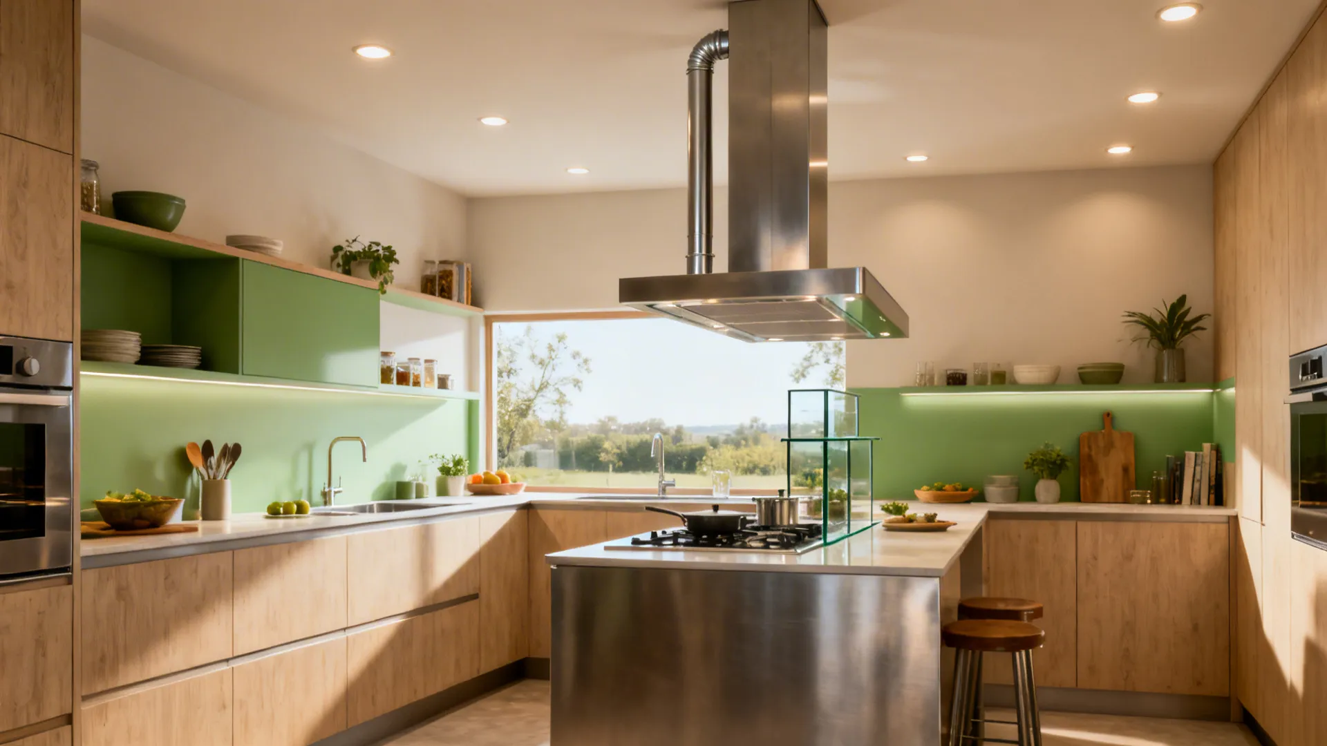 Editorial wide scene combining slim chimney, baffle detail, straight duct, island hood, and warm lighting.