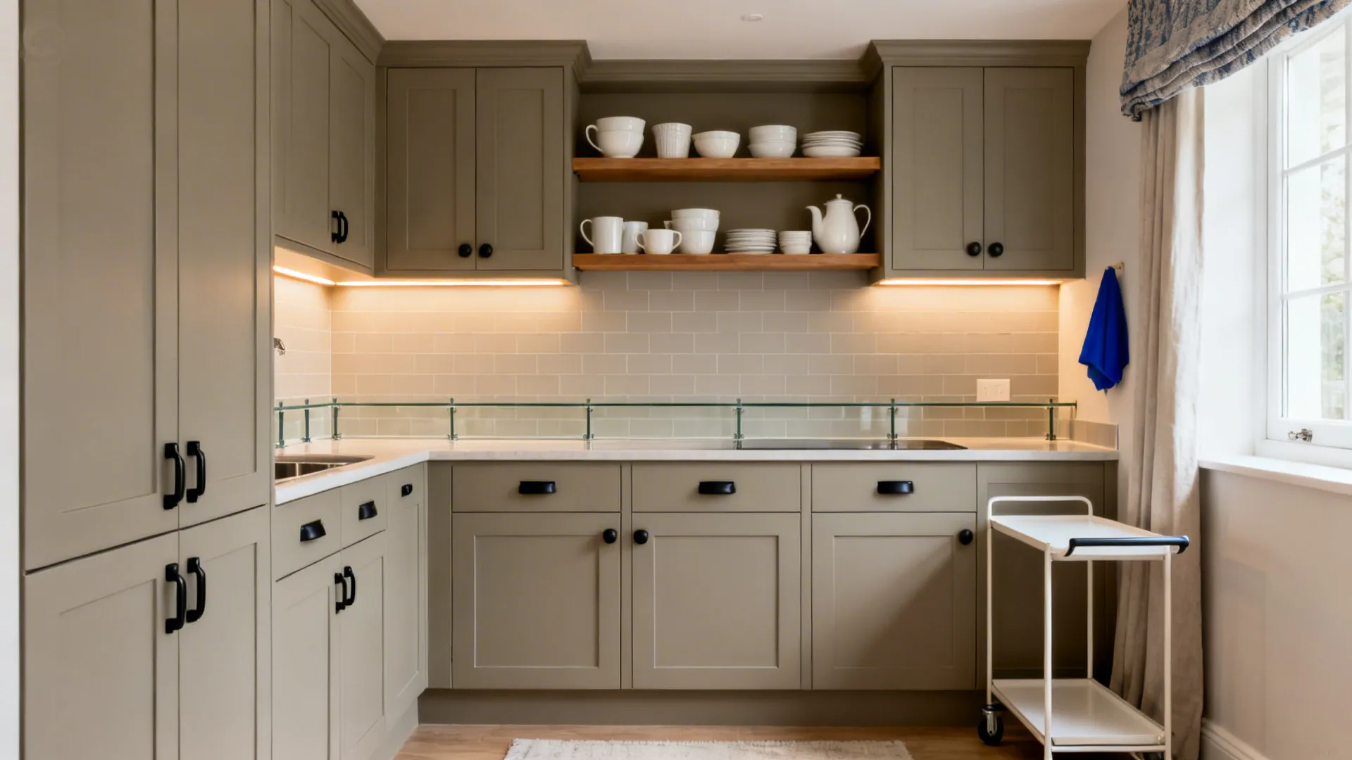 Compact kitchen featuring painted cabinets, open shelves, warm LEDs, peel-and-stick backsplash, and a slim cart.