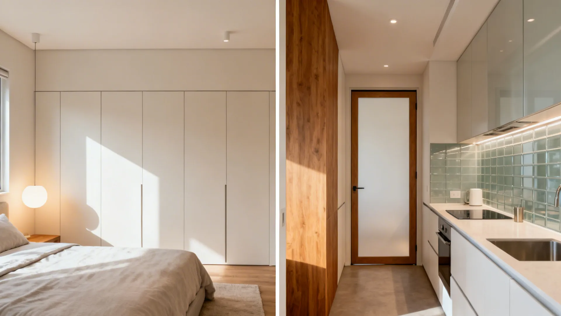 Collage-wide view showing storage, lighting, L-kitchen, wood accents, and flexible zoning in a compact home.