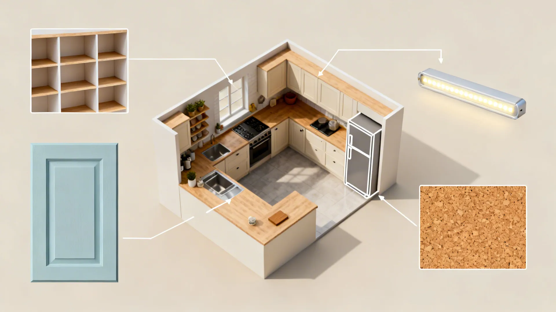 Top-down collage showing open shelves, paint, LED lighting, layout shifts, and cork flooring.