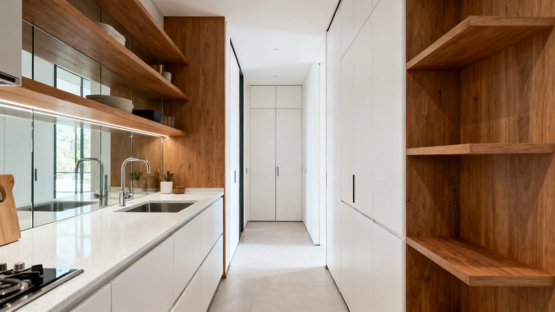 Bright compact interior showing ergonomic kitchen and efficient wardrobe.