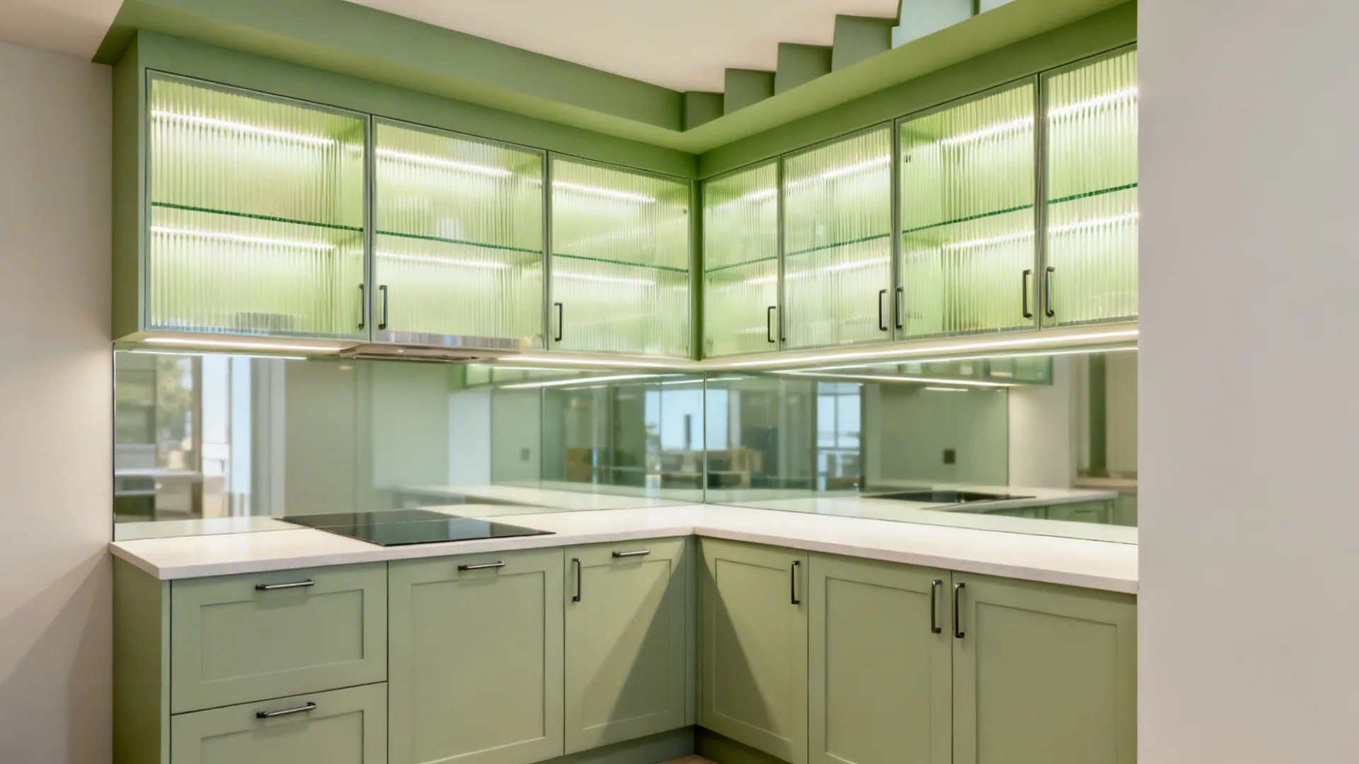 Compact kitchen combining slim Shaker bases, ribbed-glass uppers, stepped-back ceiling cabinets, and a glass backsplash.