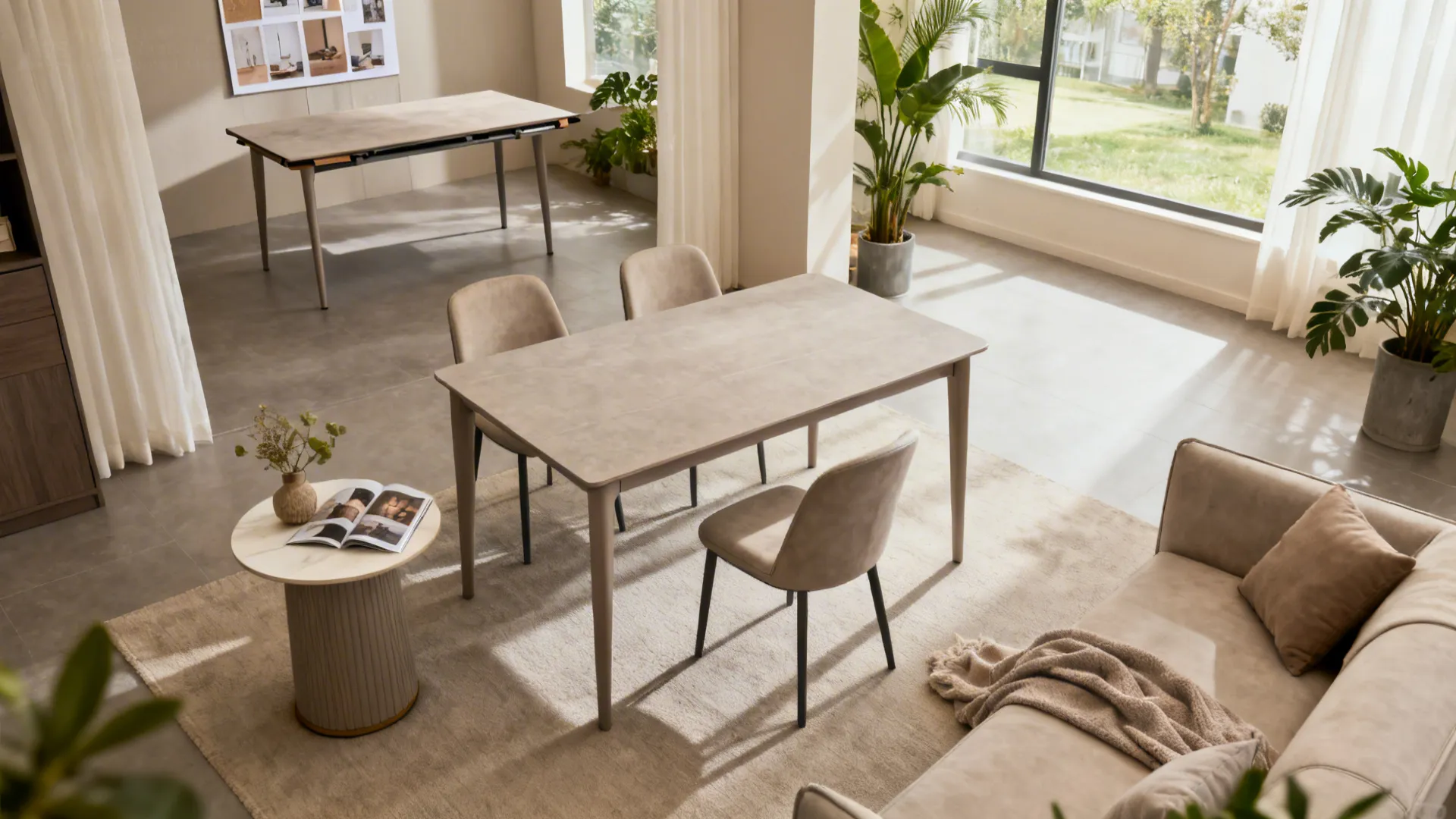 Compact dining-living space with neutral palette showcasing flexible table solutions and clear circulation.