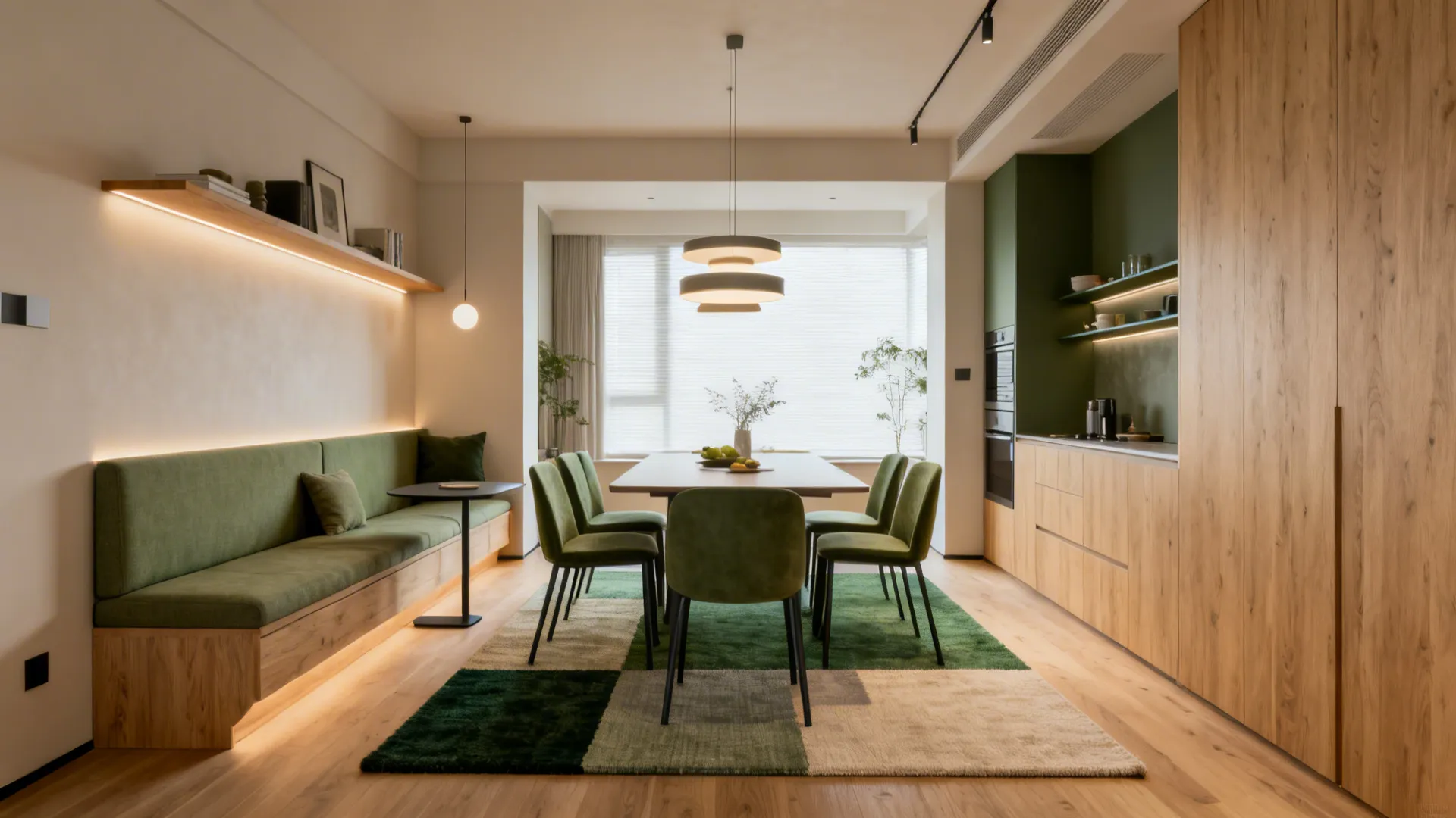 Compact living/dining space showcasing floating zones, color-blocking, banquette, layered lighting, and flexible furniture.