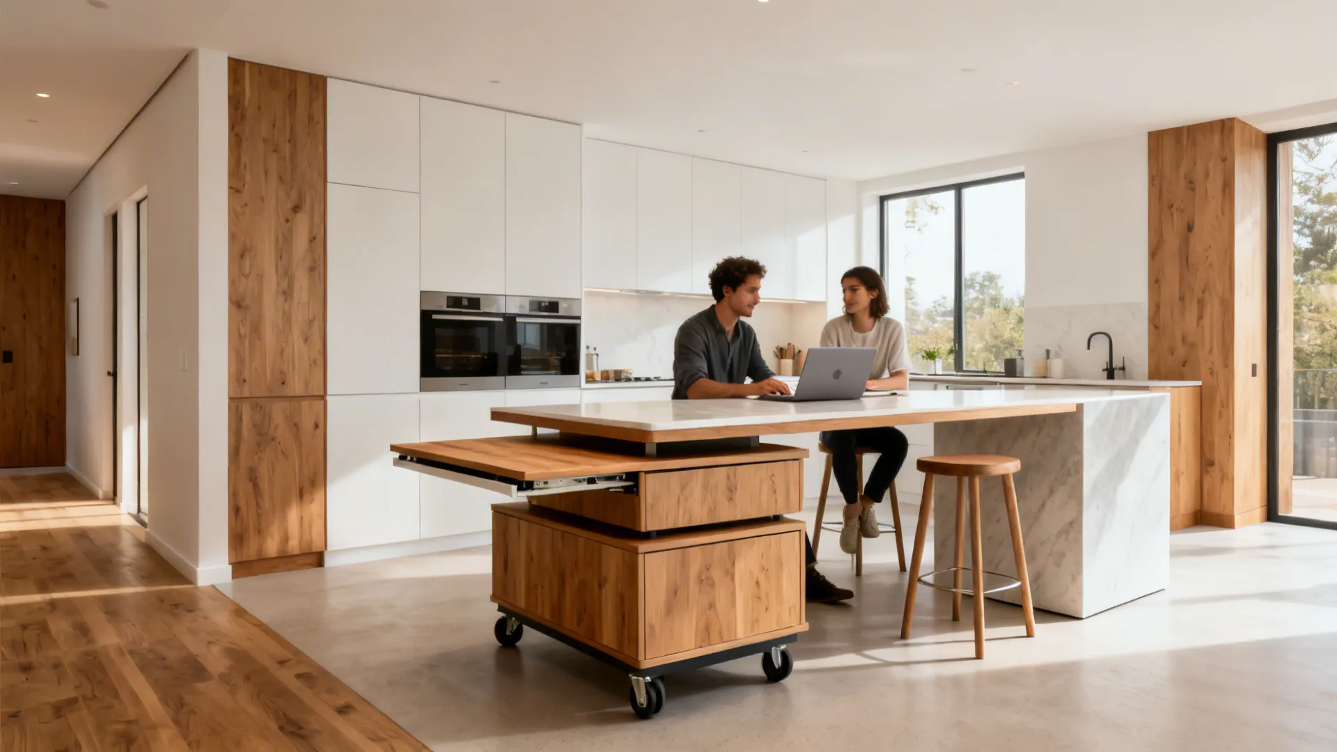 Compact kitchen with a multi-mode island showing seating, prep zones, and clean modern finishes.