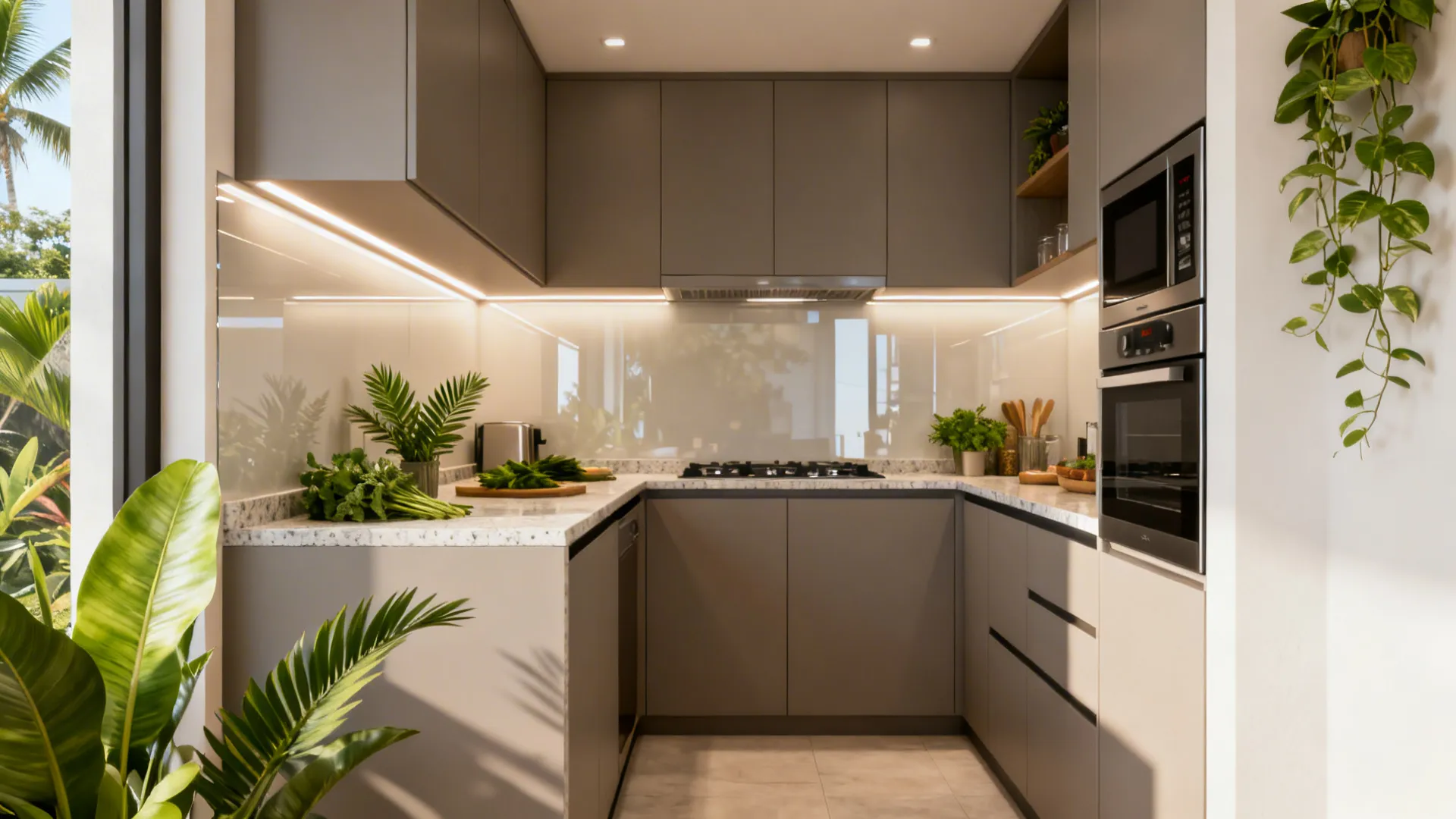 Compact Filipino kitchen showcasing minimalist storage, bright backsplash, L layout, durable materials, and layered lighting.