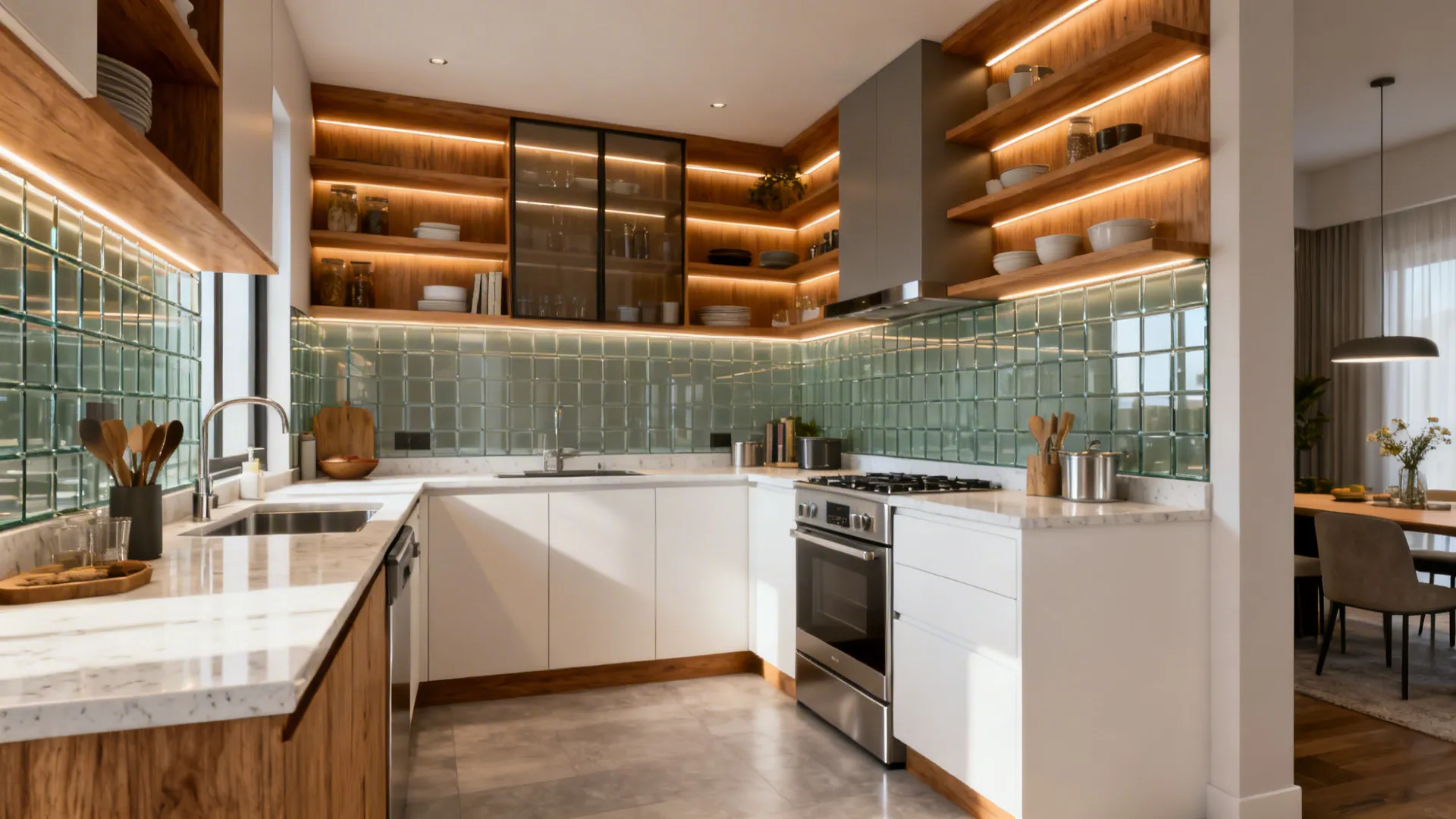 Compact kitchen combining minimalist storage, glass backsplash, L-shape, oak shelves, and layered lighting.