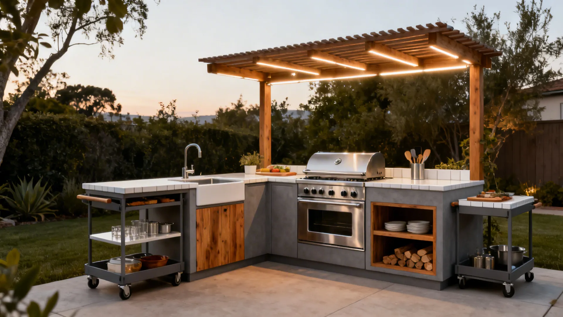 Compact L-shaped outdoor kitchen with modular carts, durable finishes, clear zones, and layered lighting.