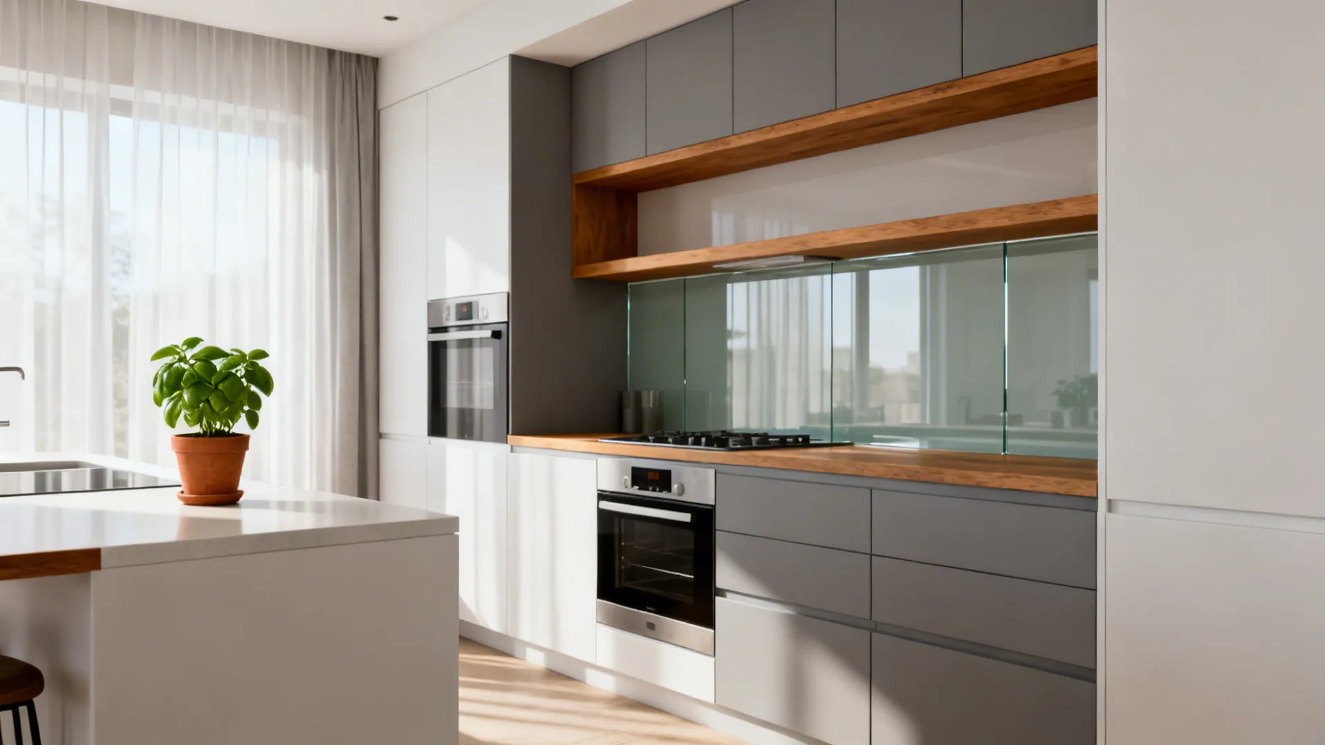 Compact modern kitchen with matte fiber cupboards, glass backsplash, and oak shelf in soft daylight.