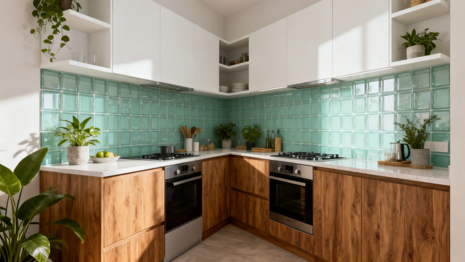 Compact L-shaped kitchen with minimalist storage, mint glass backsplash, and wood-look cabinetry