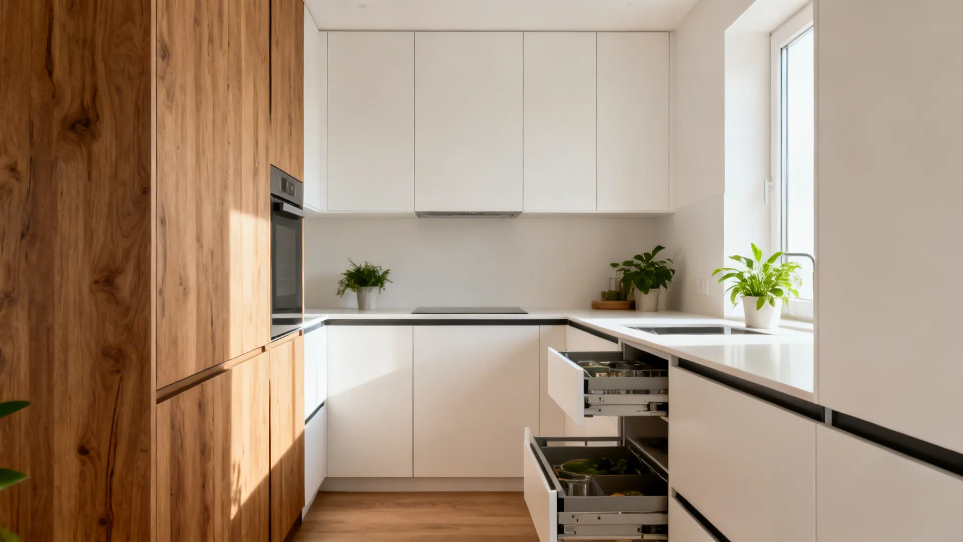 Small kitchen with slim cabinets and integrated storage in a bright, cozy look.