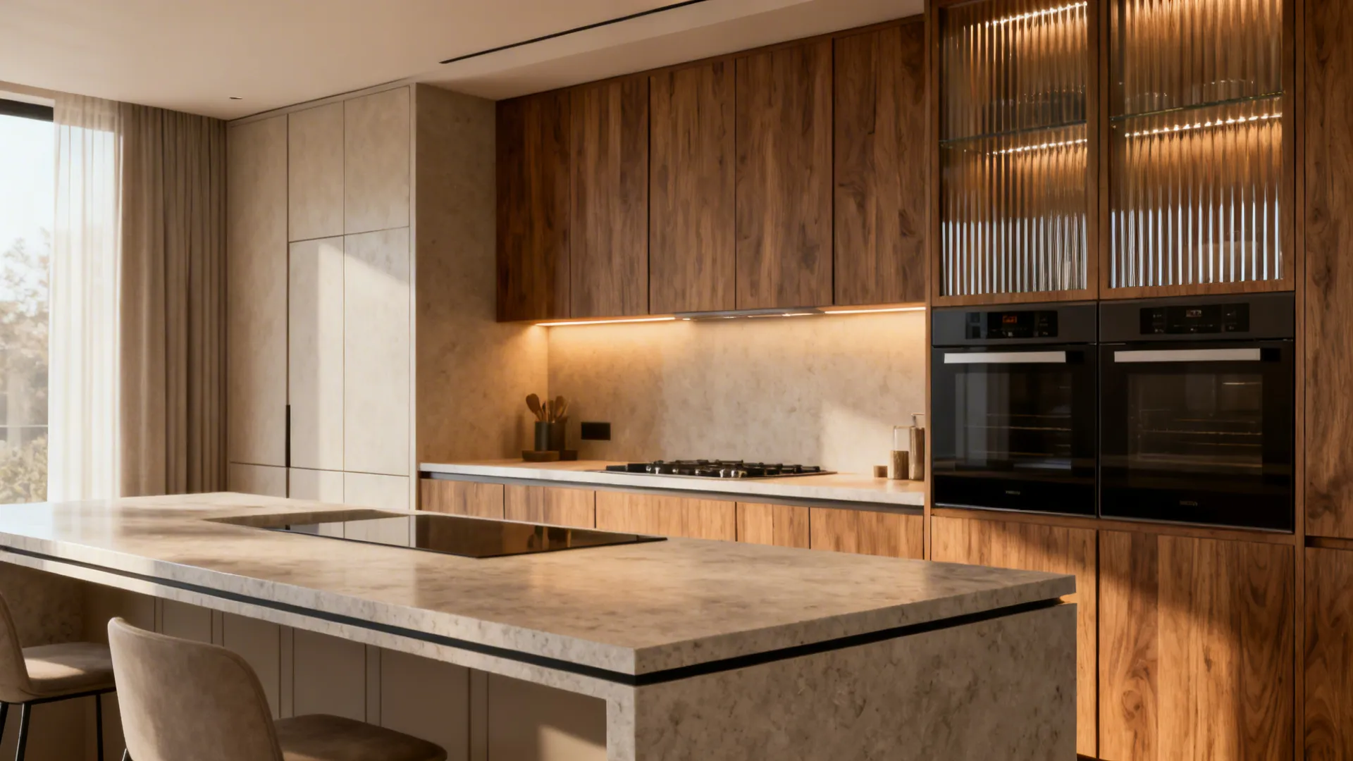 Compact luxury kitchen combining slim stone, integrated fronts, layered light, and oak accents.