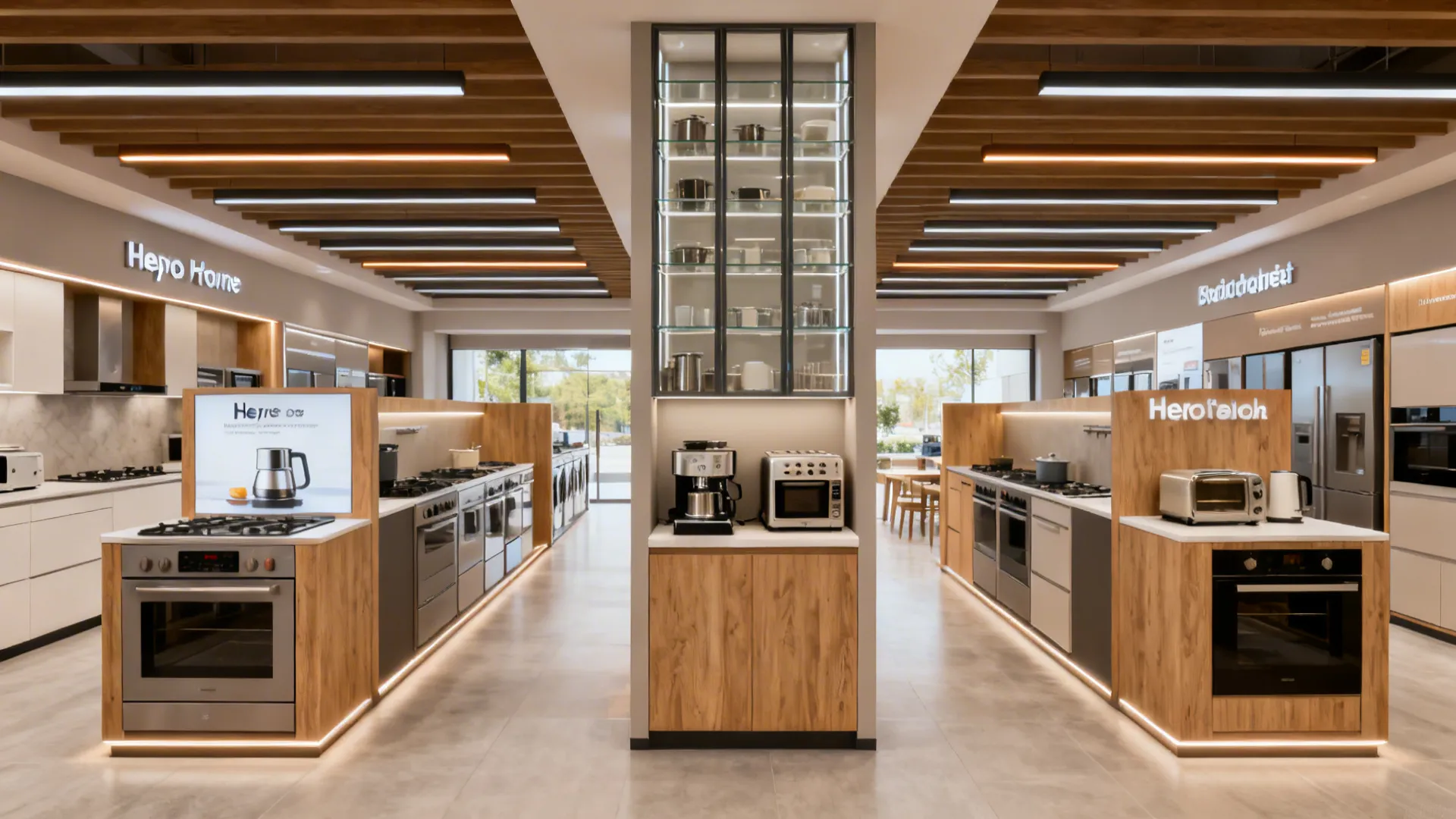 Compact showroom combining demo spine, minimal bays, vertical storage, and layered lighting.