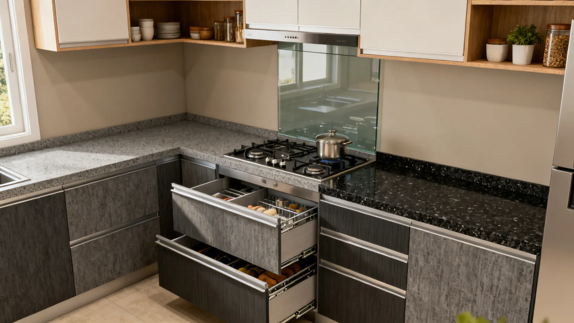 Modern kitchen with dark grey cabinets open drawers granite countertops and a stainless steel stove