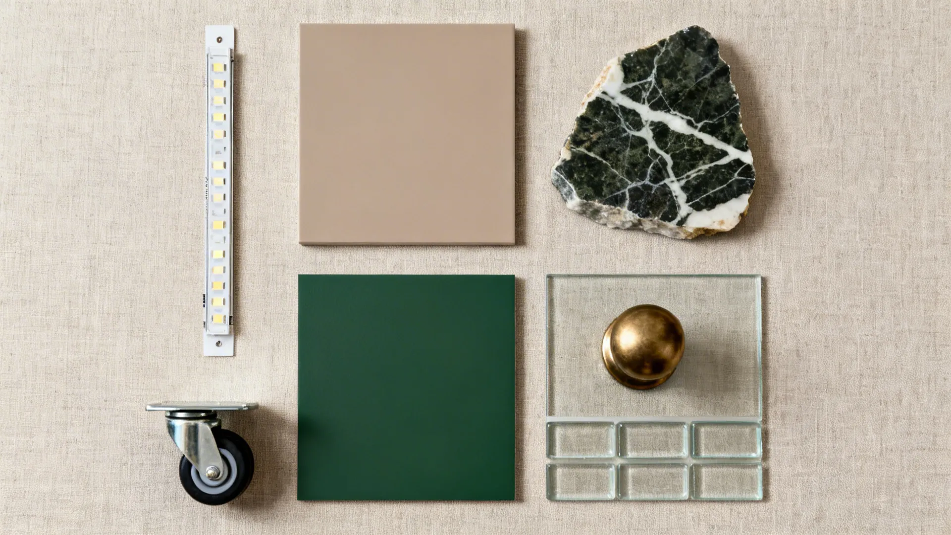 Flat lay of lighting, materials, color, hardware, glass, and a caster symbolizing mobility.