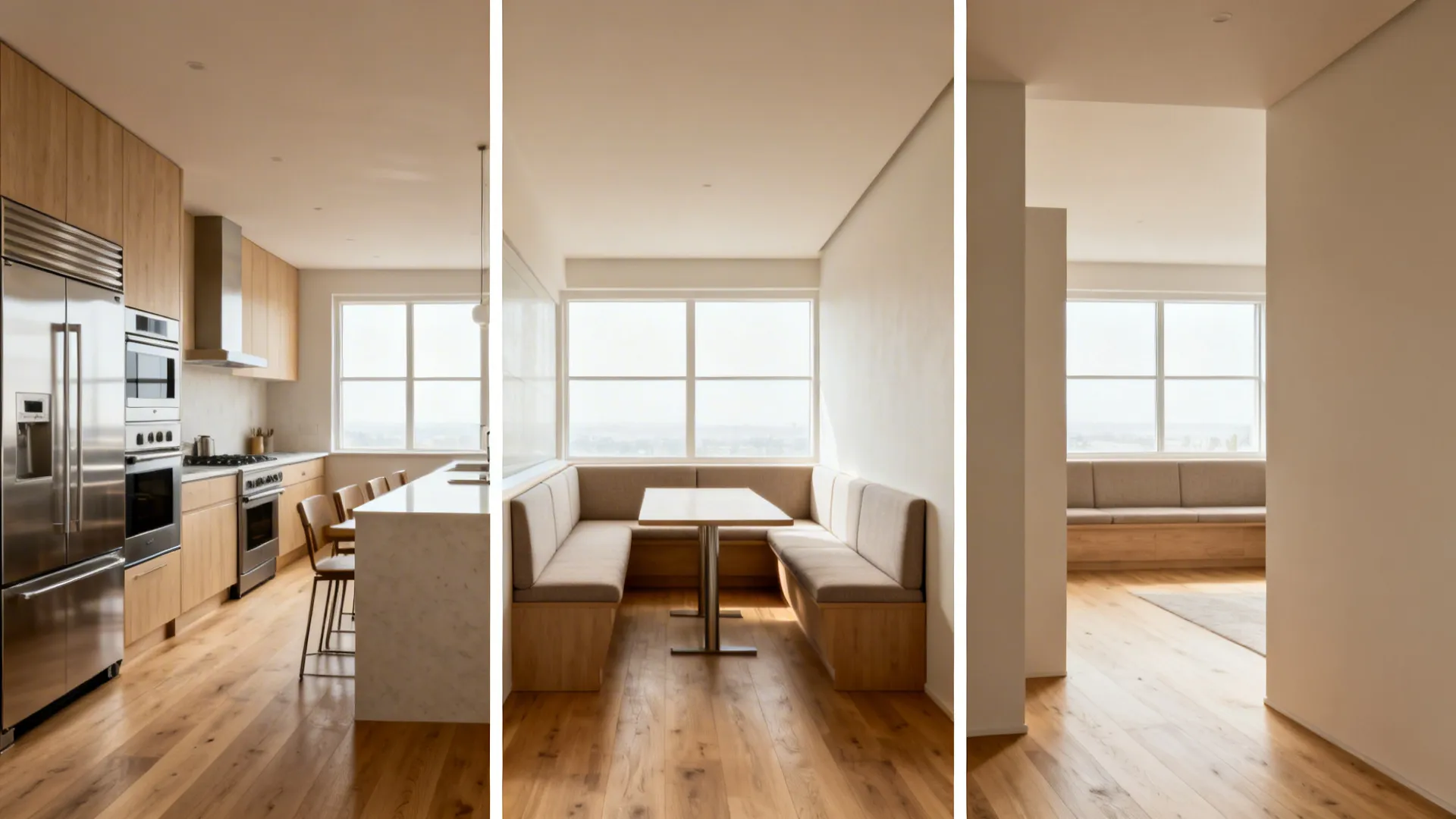 Panoramic interior blending open zones, a galley-banquette, and a semi-open wall in one cohesive palette.