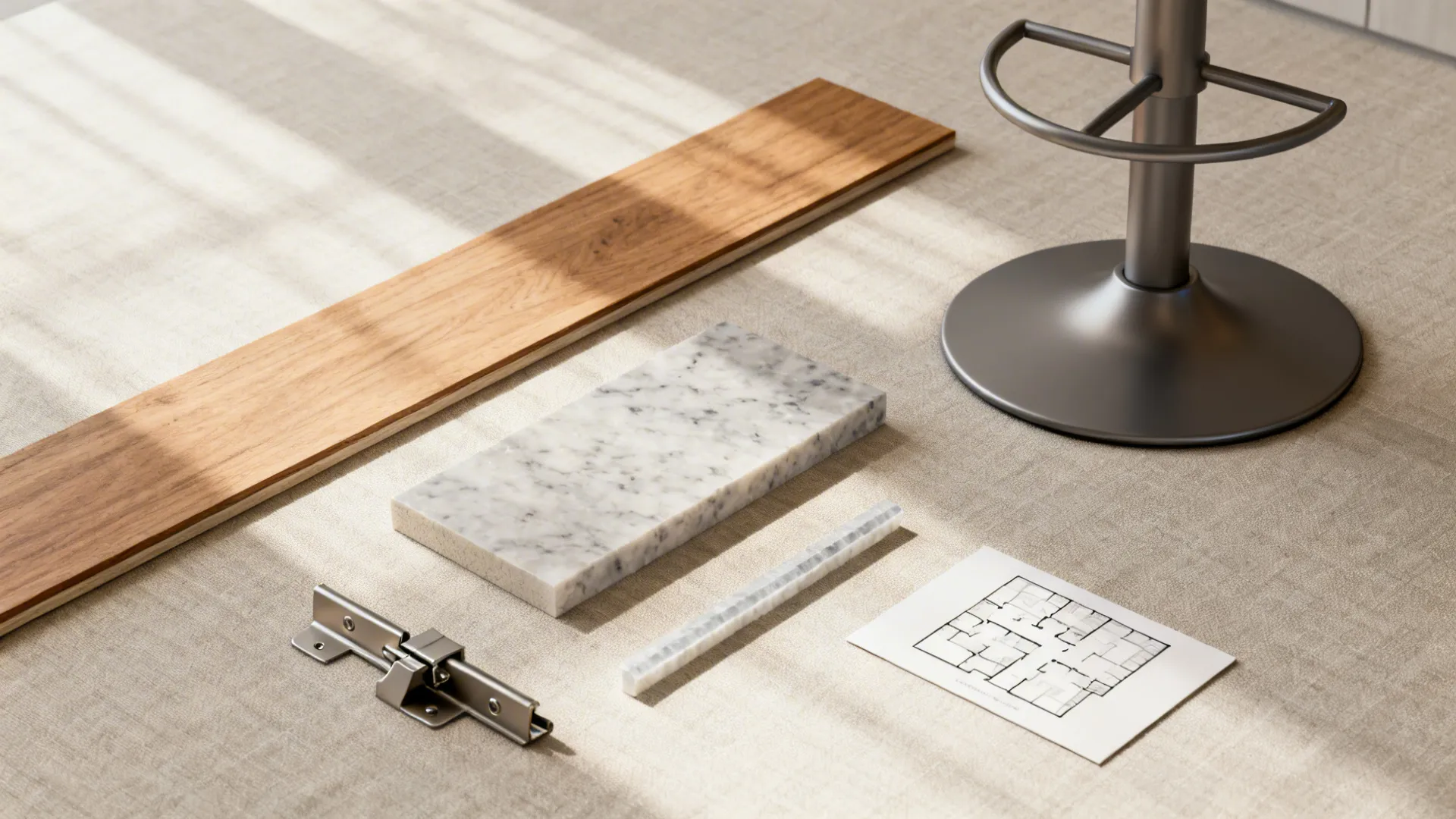 Flatlay collage of materials and details representing five open kitchen table ideas.