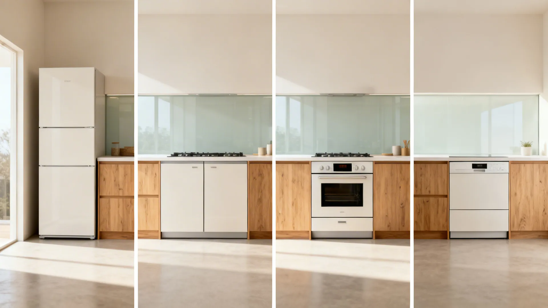 Minimalist small kitchen showcasing multiple integrated oven and microwave configurations.