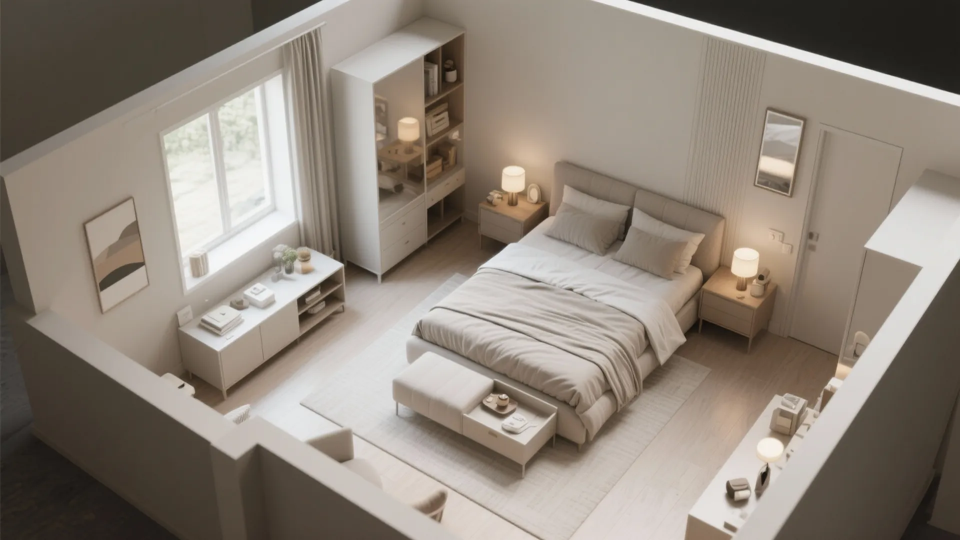 Interior design drawing of a cream bedroom with bed footrest cabinet wardrobe and large window