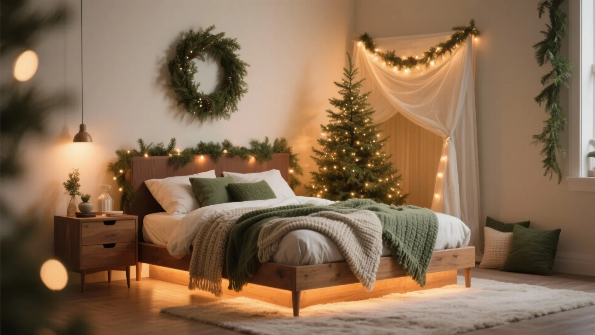 Cozy bedroom with Christmas tree green pillows wooden bed frame white rug and festive wall wreath