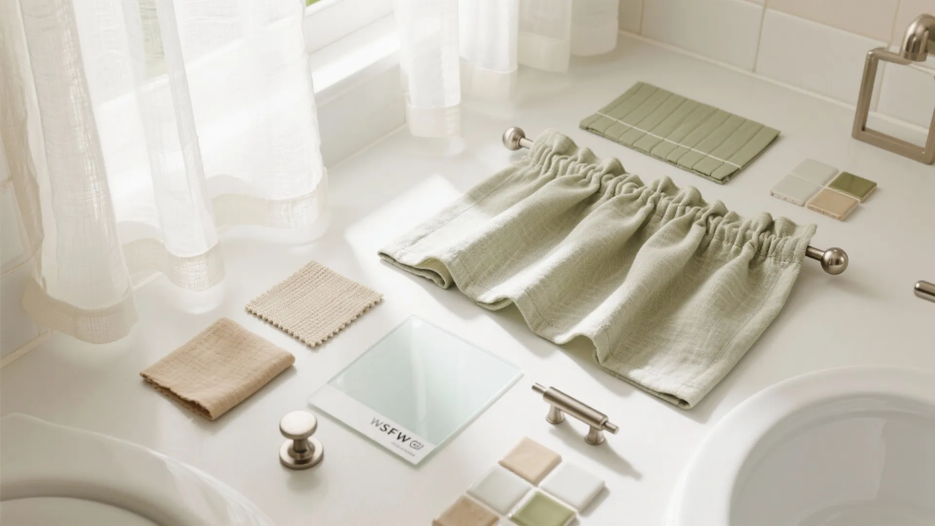 Flatlay of curtain fabrics, frosted film, hardware, and tile samples for small baths.