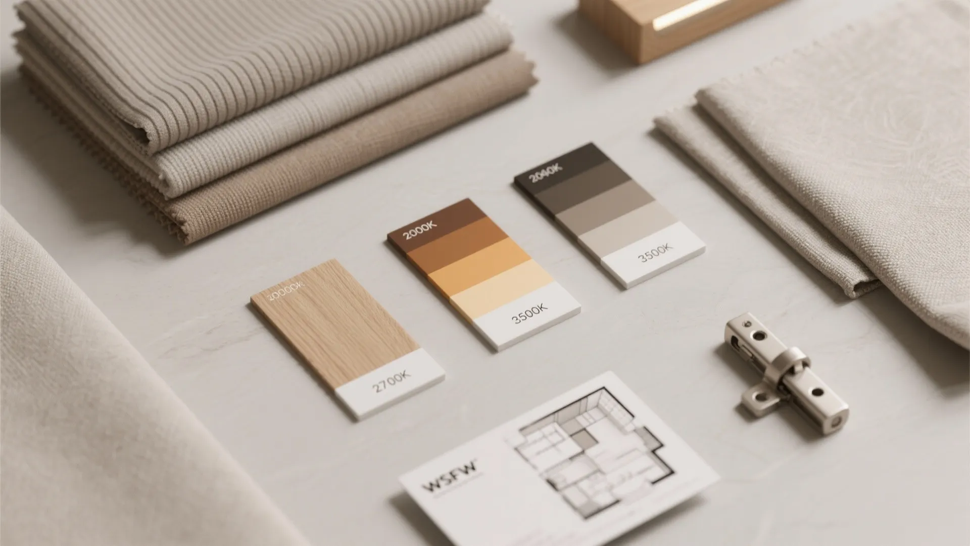 Flat lay of interior design materials featuring fabric samples color cards and a floor plan