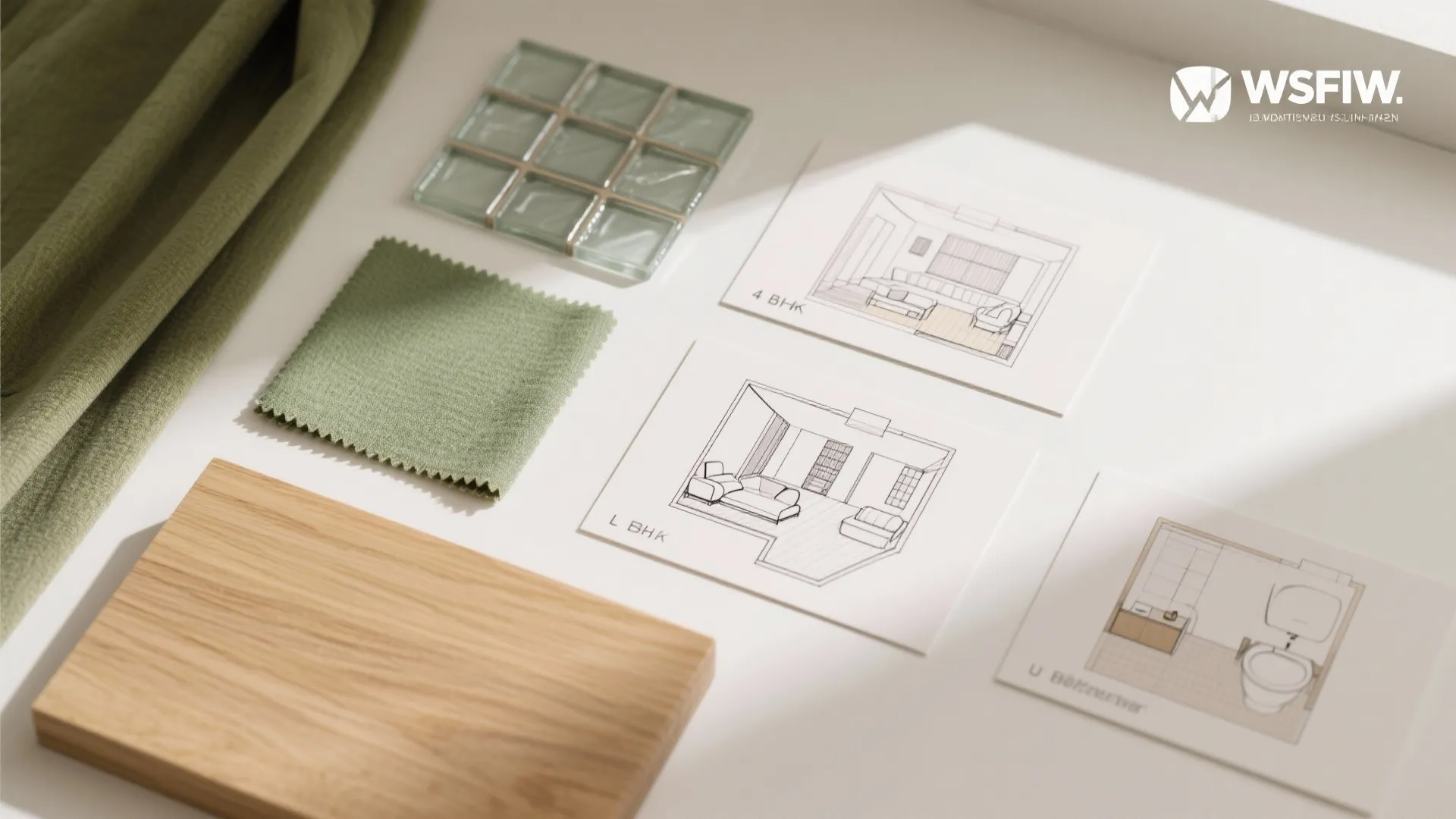 Top-down flatlay of light oak, warm white, soft green, glazed tile, and planning shapes