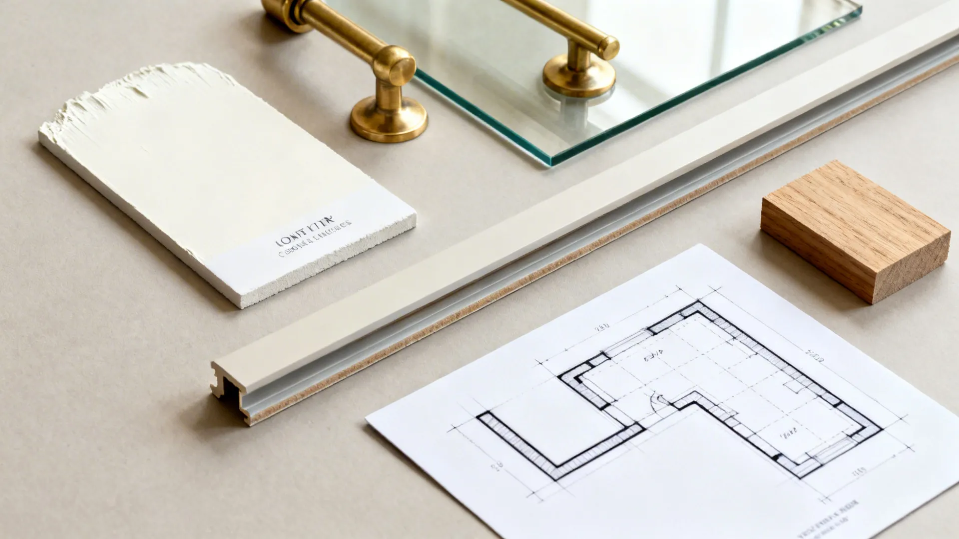 Flatlay of warm white, brass, low-iron glass, millwork reveal, and L-shaped layout sketch.