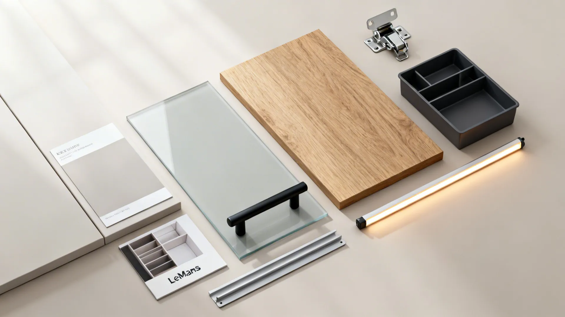 Flat lay of small kitchen design elements: light cabinet finish, glass, oak veneer, hardware, and inserts.