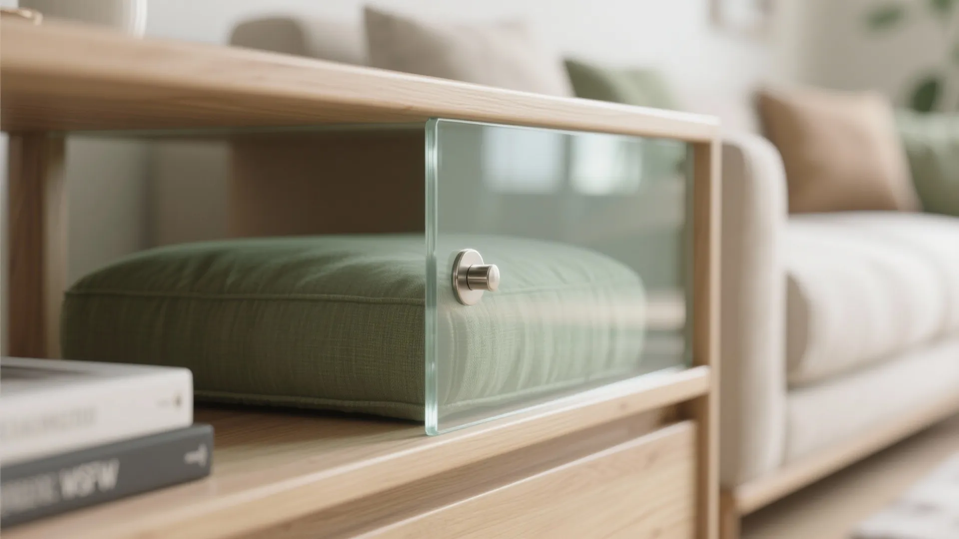 Close up of a wooden cabinet with a sliding glass door and green fabric cushion inside