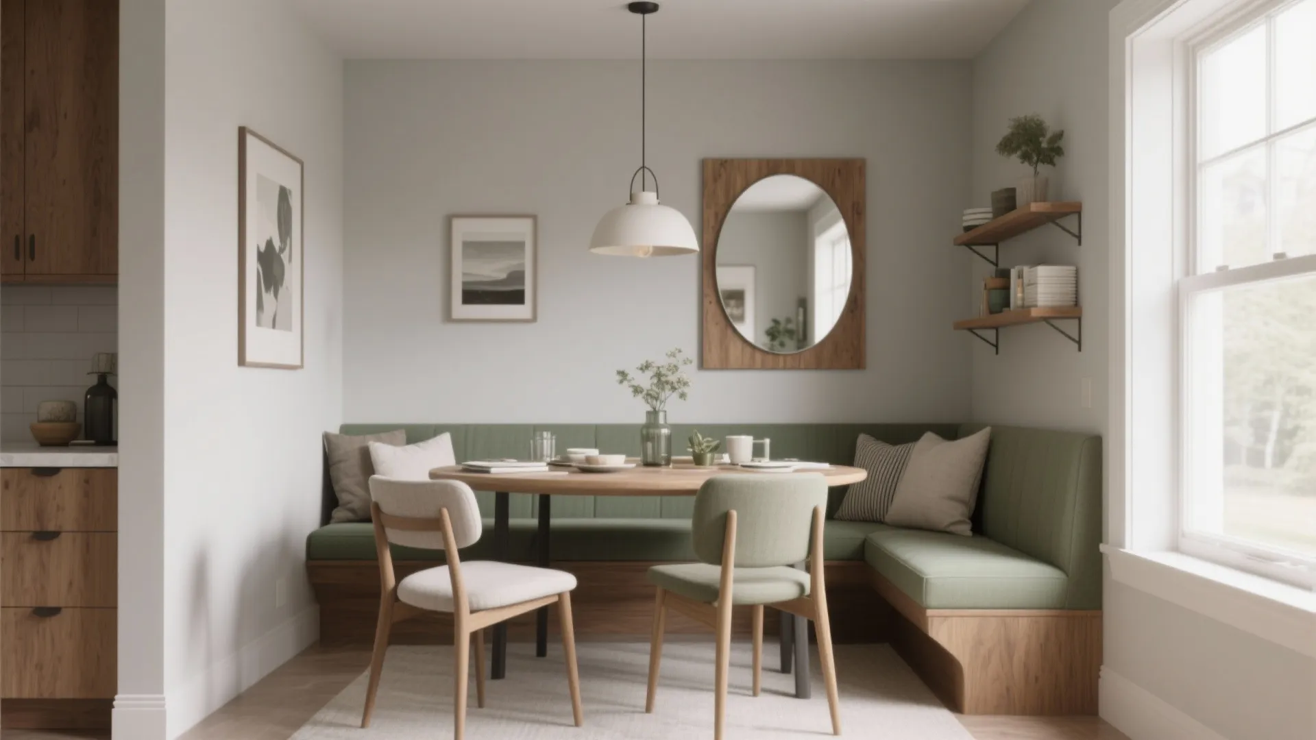 Dining room with green corner sofa, round wooden table, white chairs, and large round mirror
