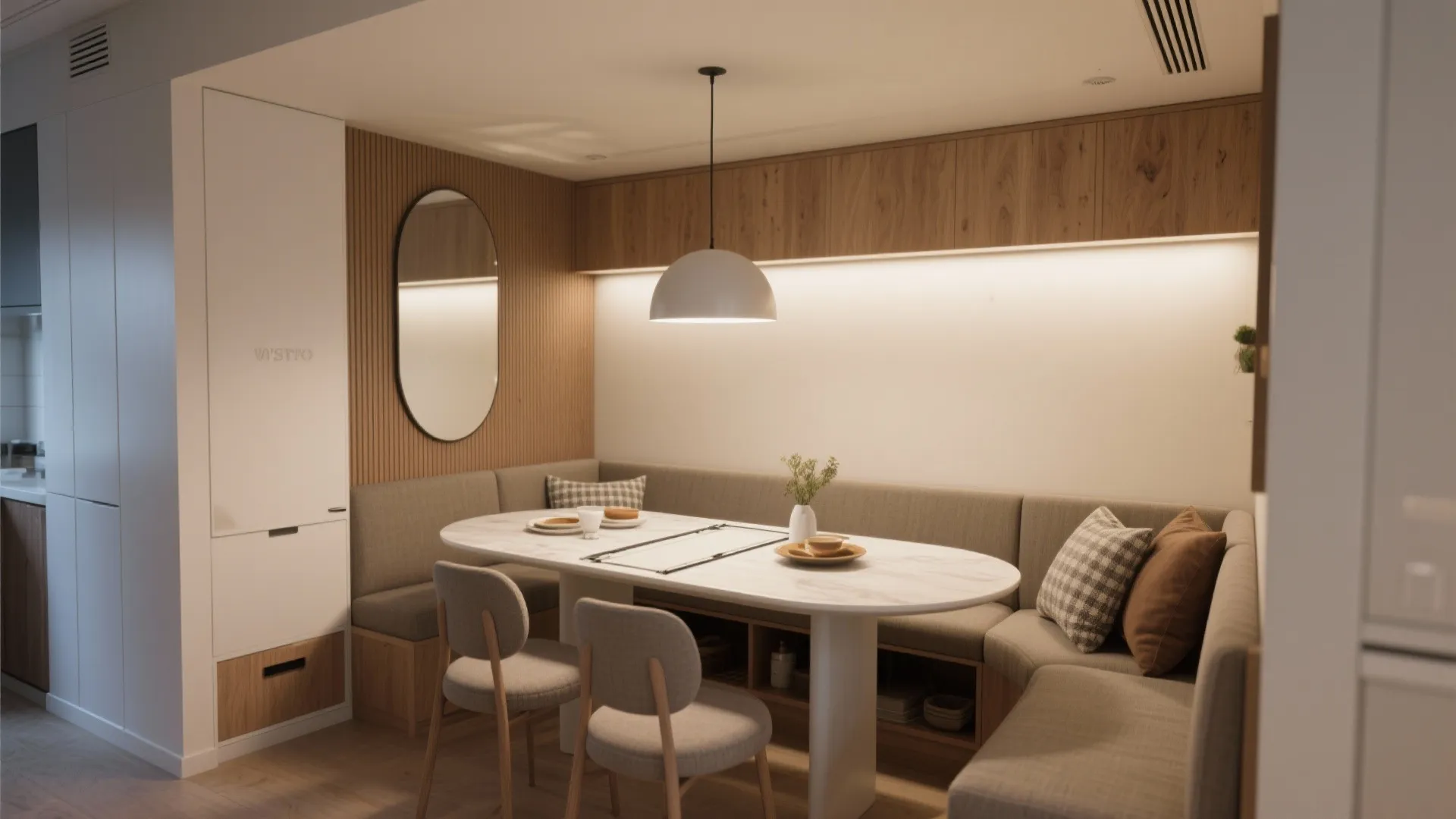 Modern dining area with curved bench seating oval table two chairs wall panel and mirror