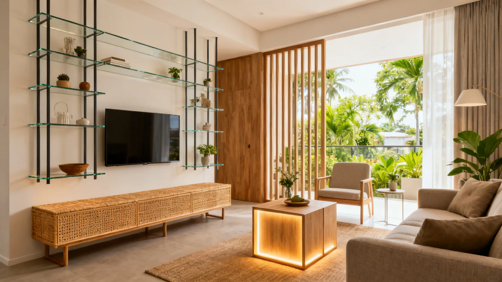 Modern living room with wall mounted television glass shelves wooden divider sofa and green garden