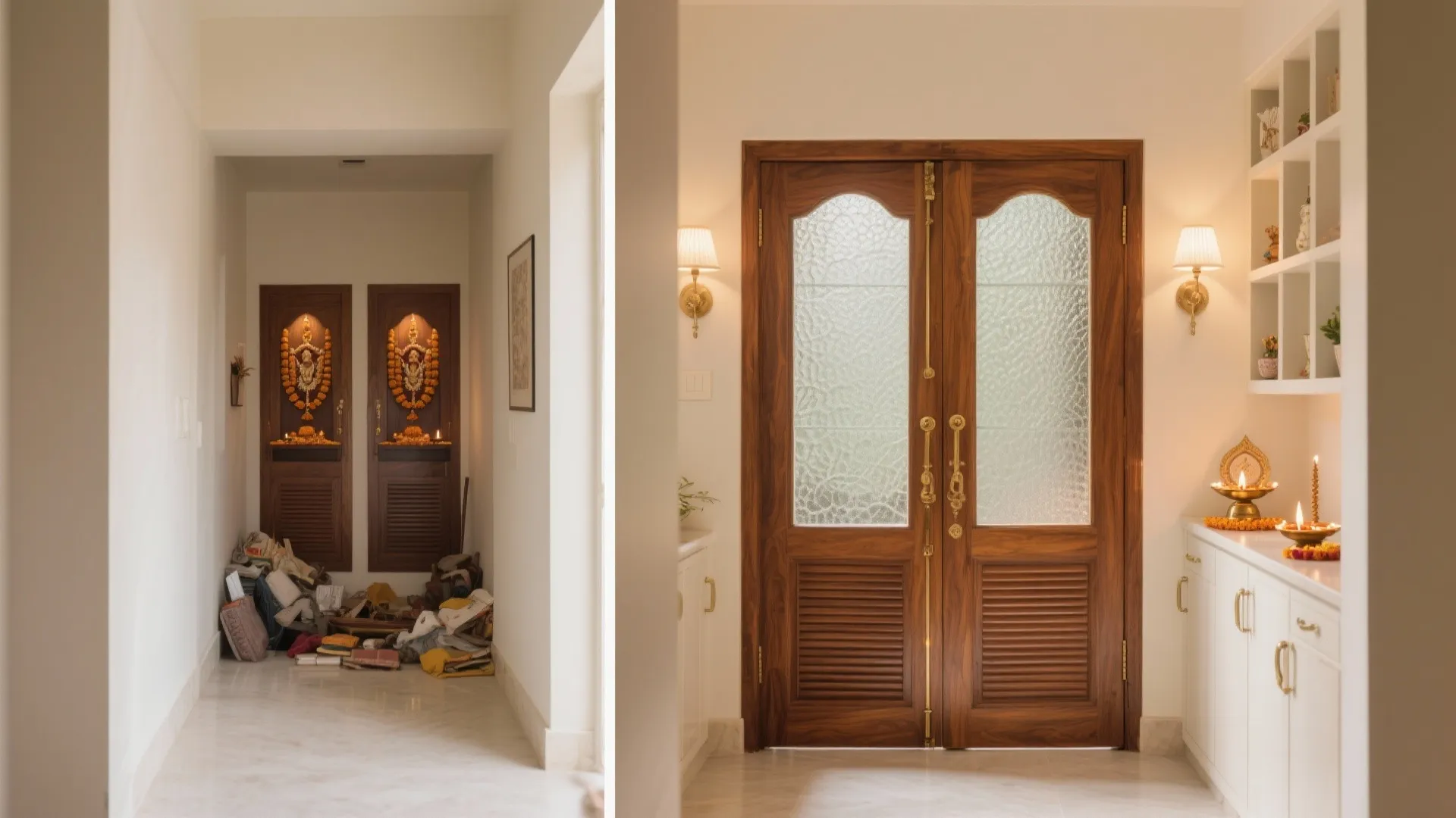 Before-and-after of a hallway niche turned into a refined pooja room with warm teak and fluted glass double doors.