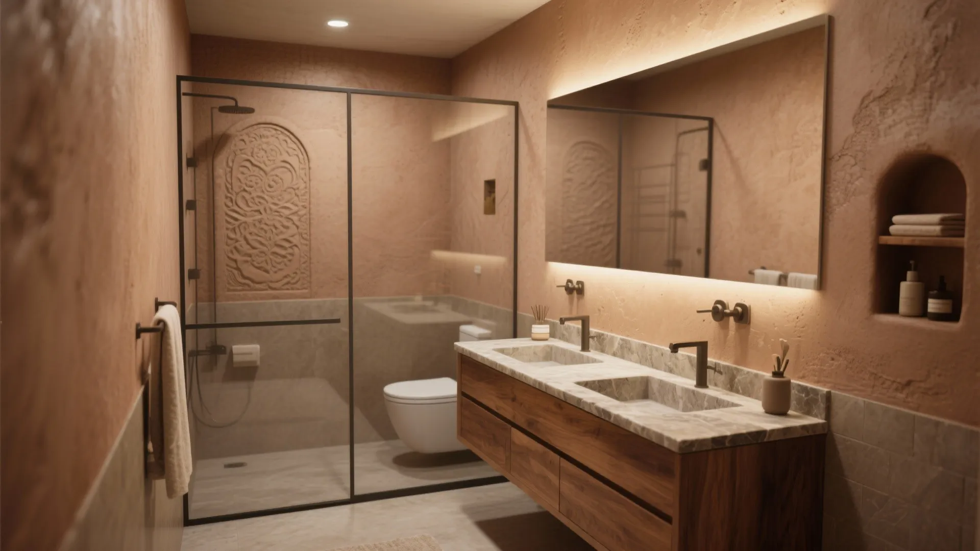 Modern bathroom with double sink wooden cabinet large mirror glass shower door and warm lighting