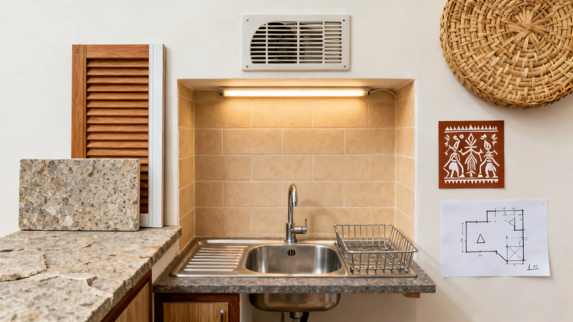Flat lay of stone counter, PVC shutter, sink, exhaust fan, beige tile, LED strip, cane, and L-shaped plan sketch.