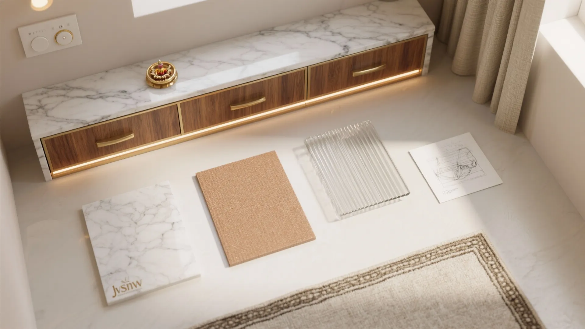 Flatlay view of marble and wood samples on floor next to a white cabinet design