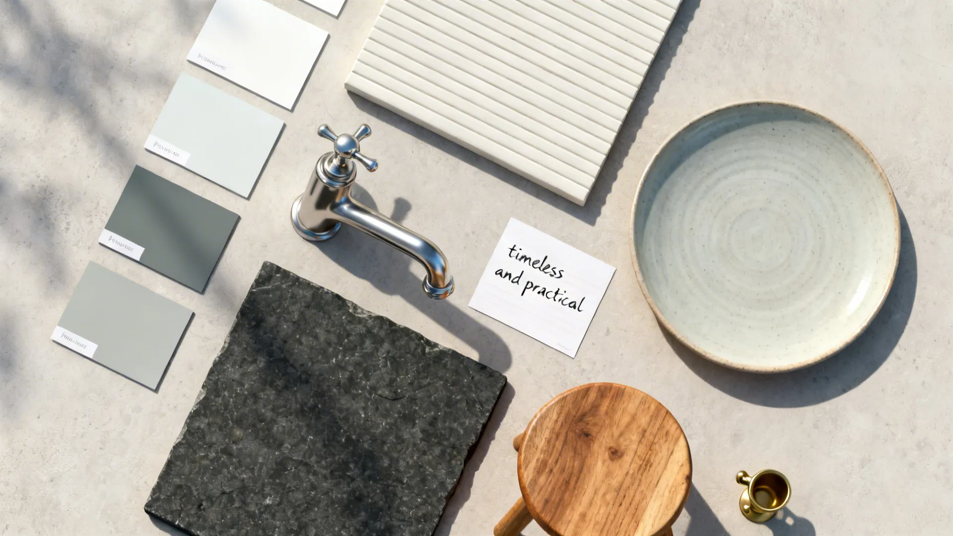 Flat lay of New England kitchen essentials, including paint chips, beadboard, stone, and hardware.