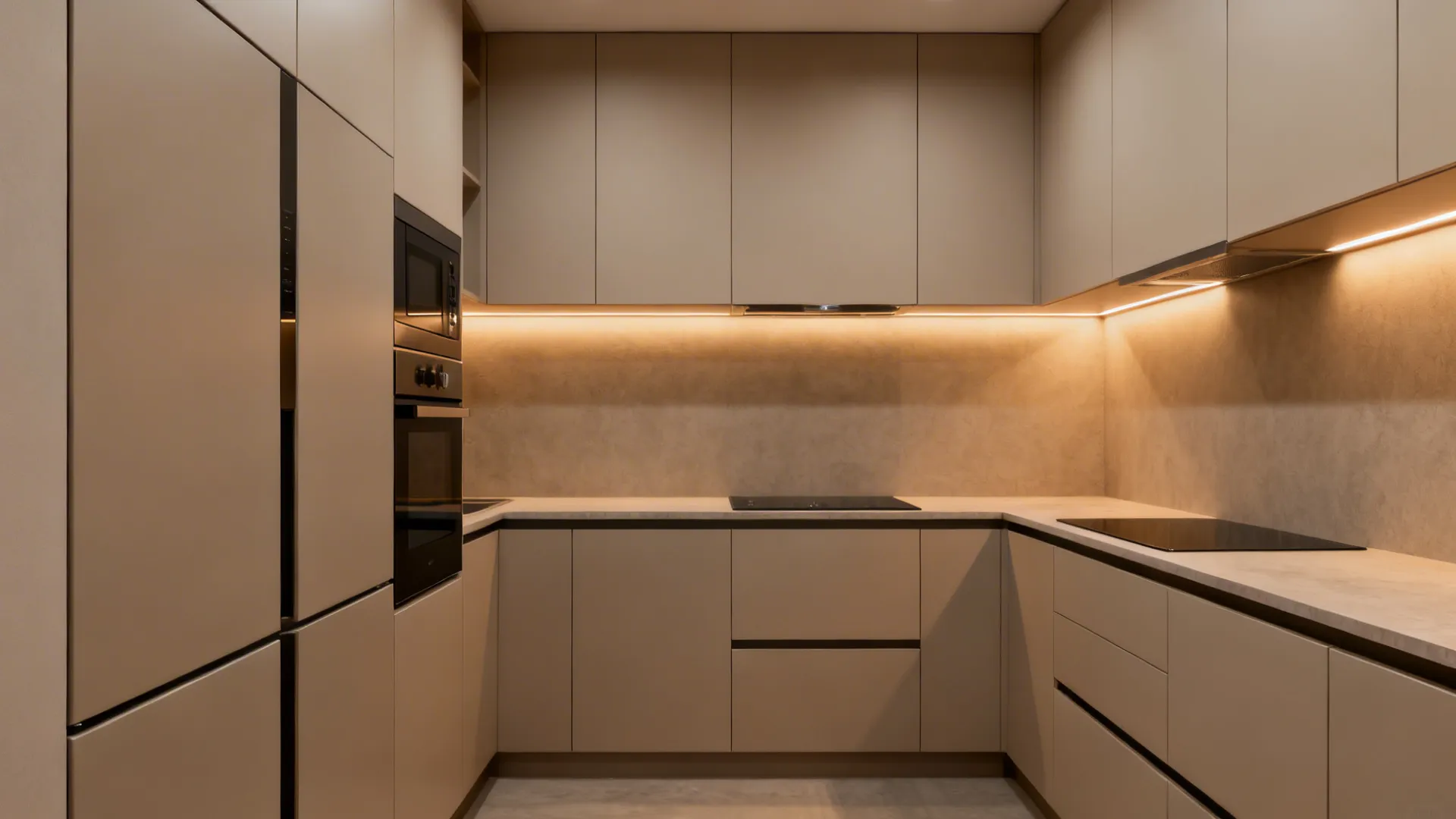 Summary elevation showing aligned storage, continuous backsplash, zoned appliances, and task lighting.