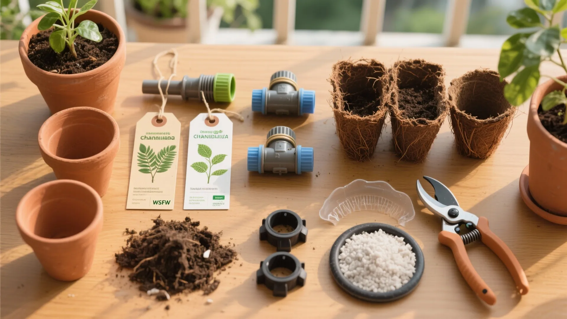 Flatlay of Chennai balcony garden essentials including drip fittings, pot samples, soil mix, and pruning tools.