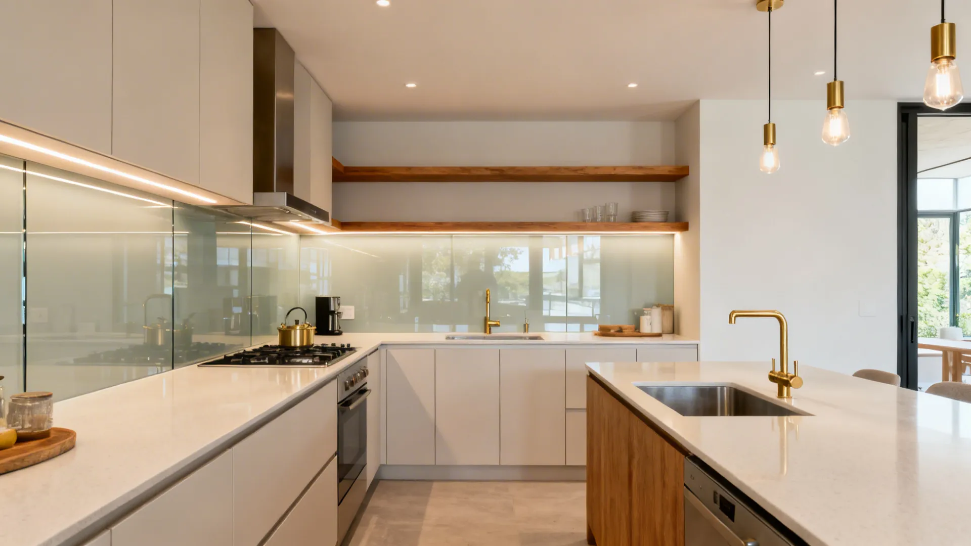 Compact Fairfax kitchen showcasing minimalist storage, L-shaped layout, glass backsplash, wood accents, and layered lighting.