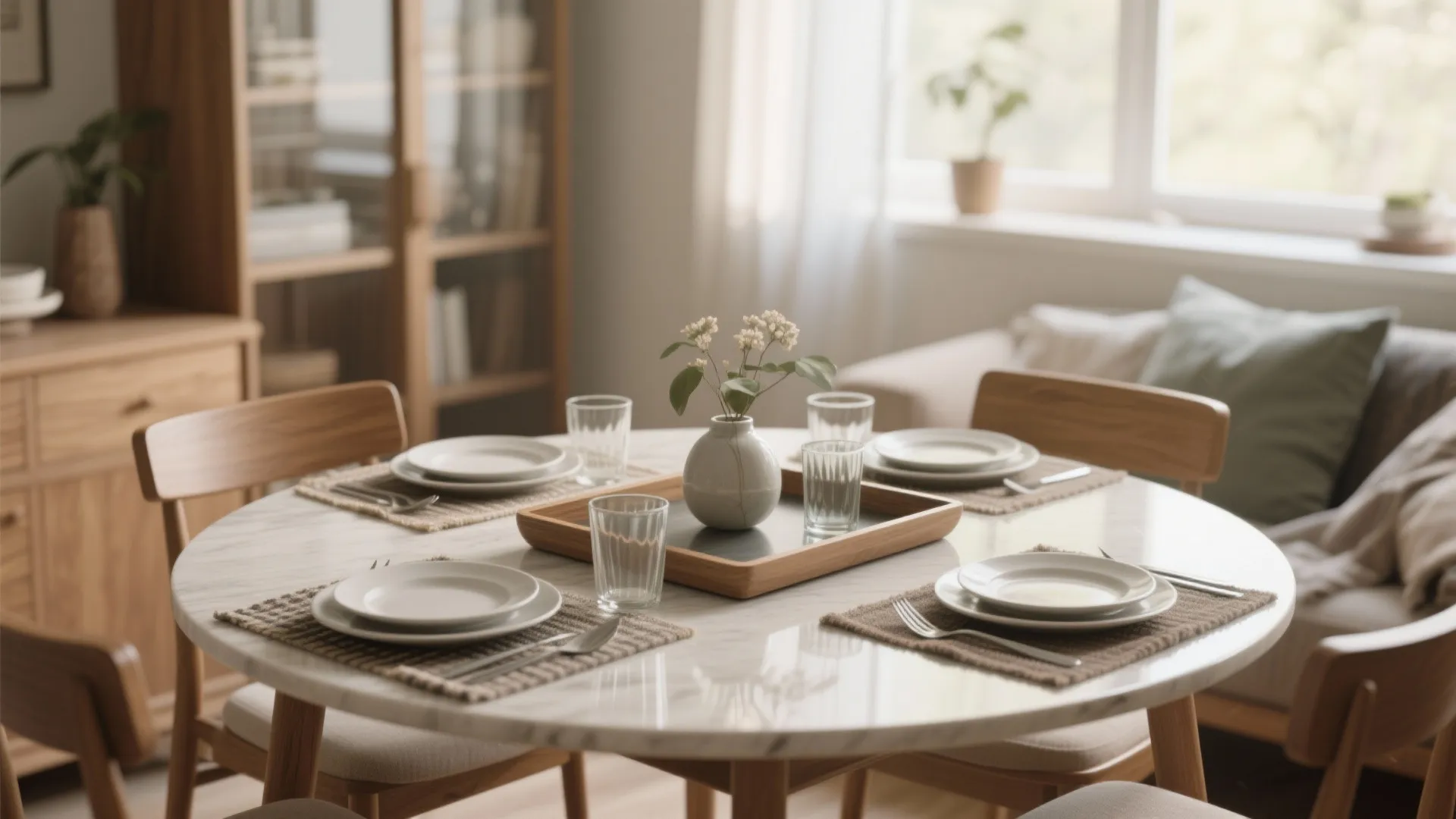 Round marble dining table with wooden chairs set for four people in a bright room